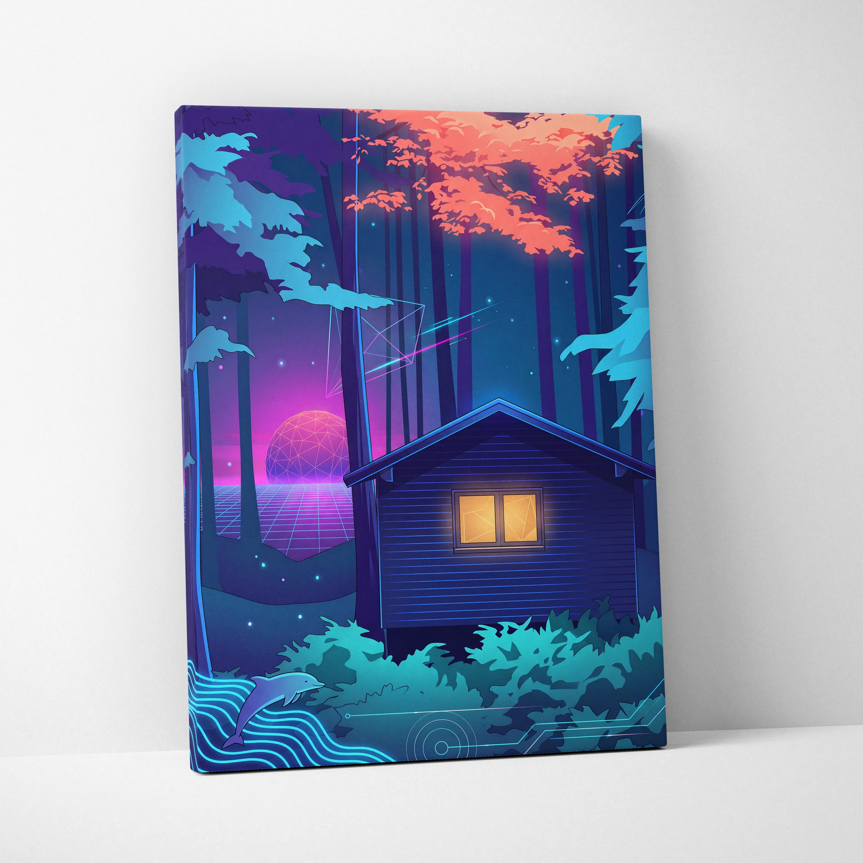 Neon Vaporwave Forest Canvas - Vaporwave Landscape Blue Purple Pink Neon Living Room Retro Dreamy Mood Canvas Print