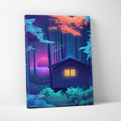 Neon Vaporwave Forest Canvas - Vaporwave Landscape Blue Purple Pink Neon Living Room Retro Dreamy Mood Canvas Print