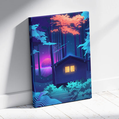 Neon Vaporwave Forest Canvas - Vaporwave Landscape Blue Purple Pink Neon Living Room Retro Dreamy Mood Canvas Print