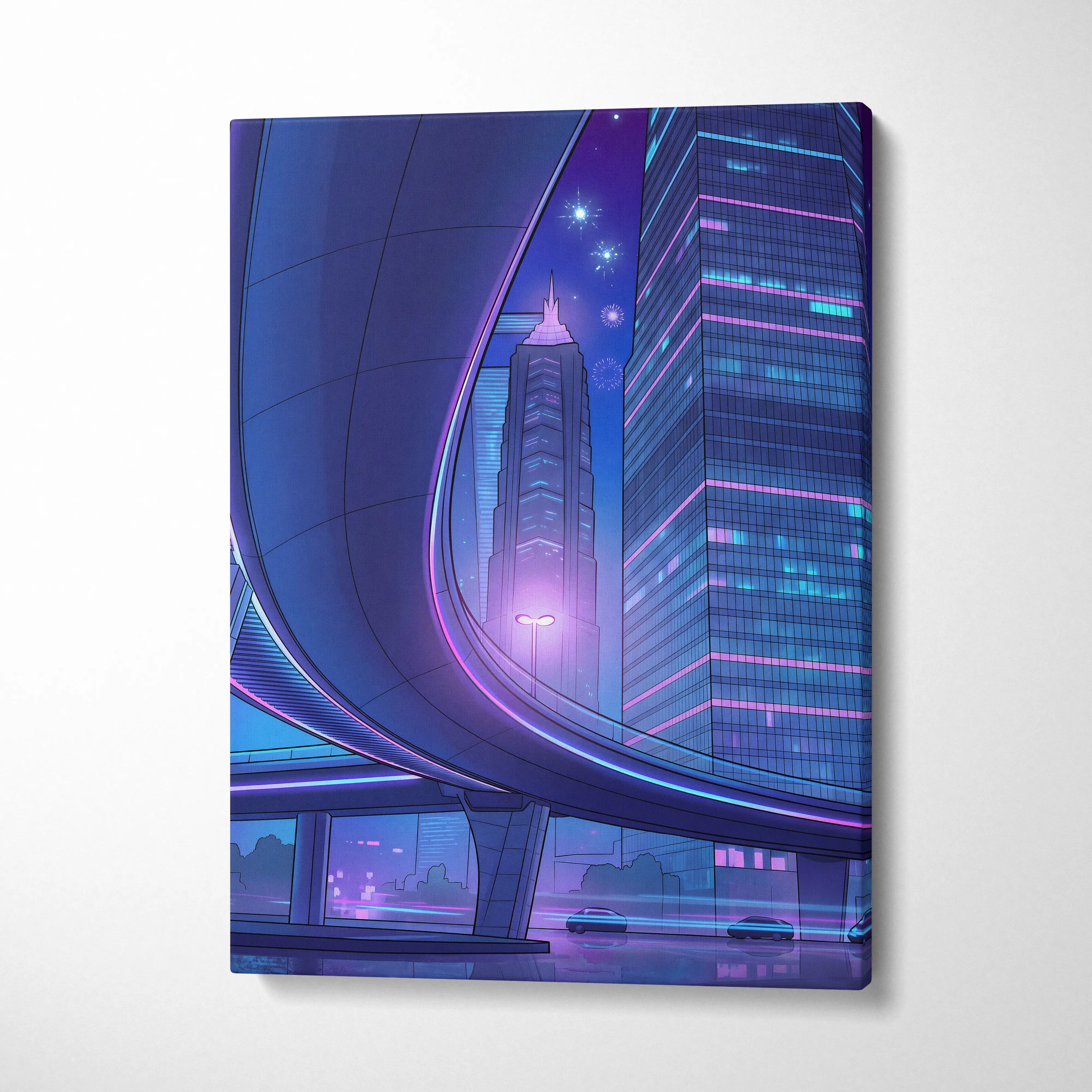 Neon Skyline Vapor Canvas - Vaporwave City Neon Blues Pink Living Synthwave Art Dreamy Mood Retro Futurism Art Canvas
