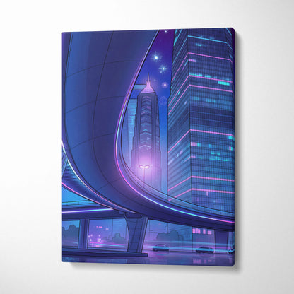 Neon Skyline Vapor Canvas - Vaporwave City Neon Blues Pink Living Synthwave Art Dreamy Mood Retro Futurism Art Canvas