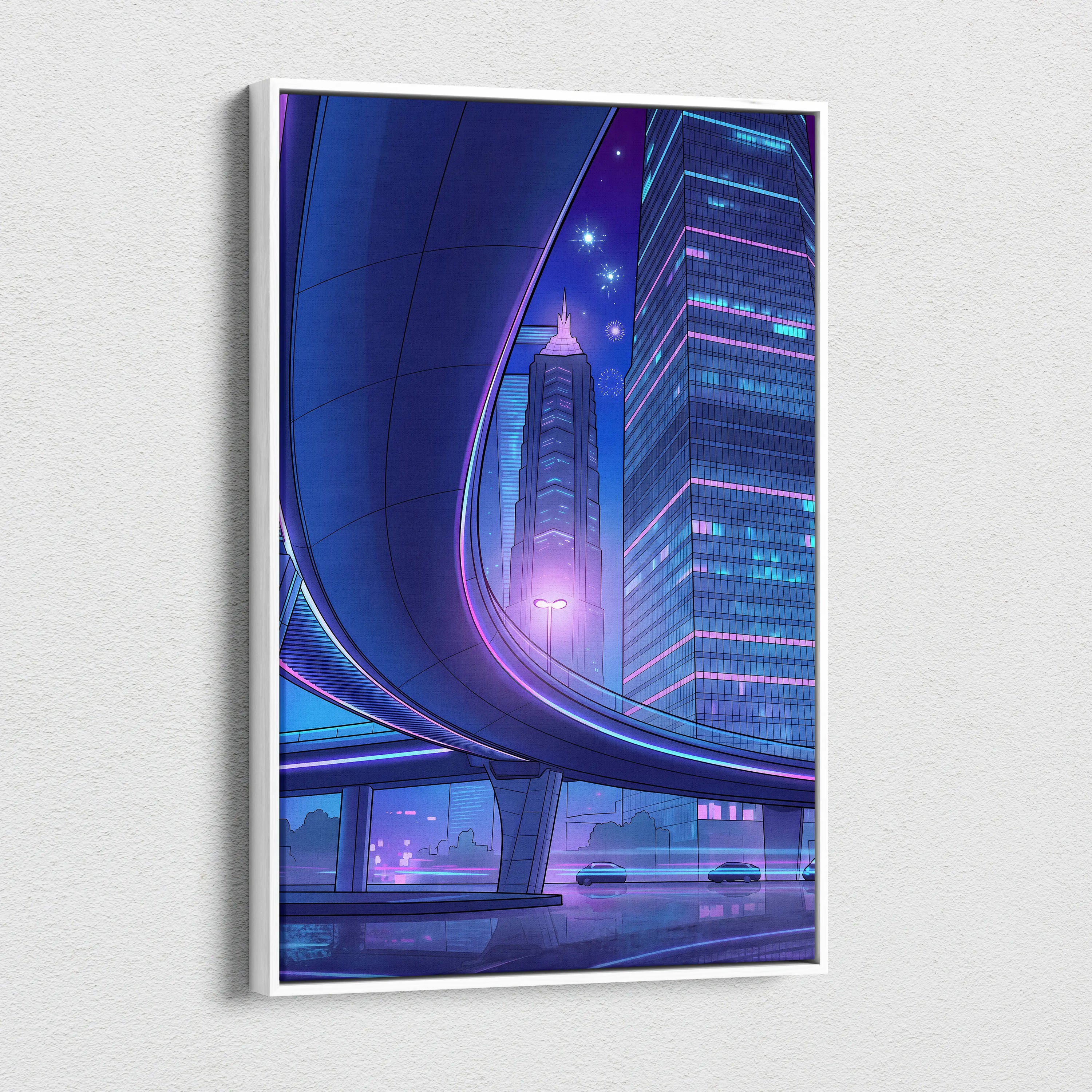 Neon Skyline Vapor Canvas - Vaporwave City Neon Blues Pink Living Synthwave Art Dreamy Mood Retro Futurism Art Canvas