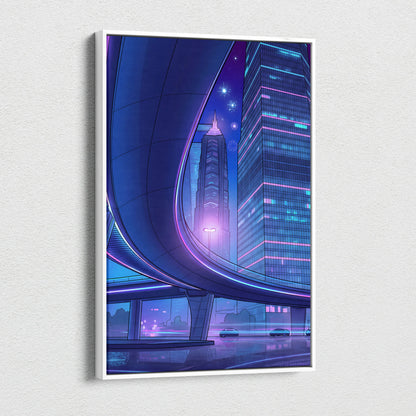 Neon Skyline Vapor Canvas - Vaporwave City Neon Blues Pink Living Synthwave Art Dreamy Mood Retro Futurism Art Canvas