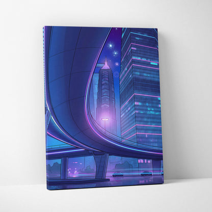 Neon Skyline Vapor Canvas - Vaporwave City Neon Blues Pink Living Synthwave Art Dreamy Mood Retro Futurism Art Canvas