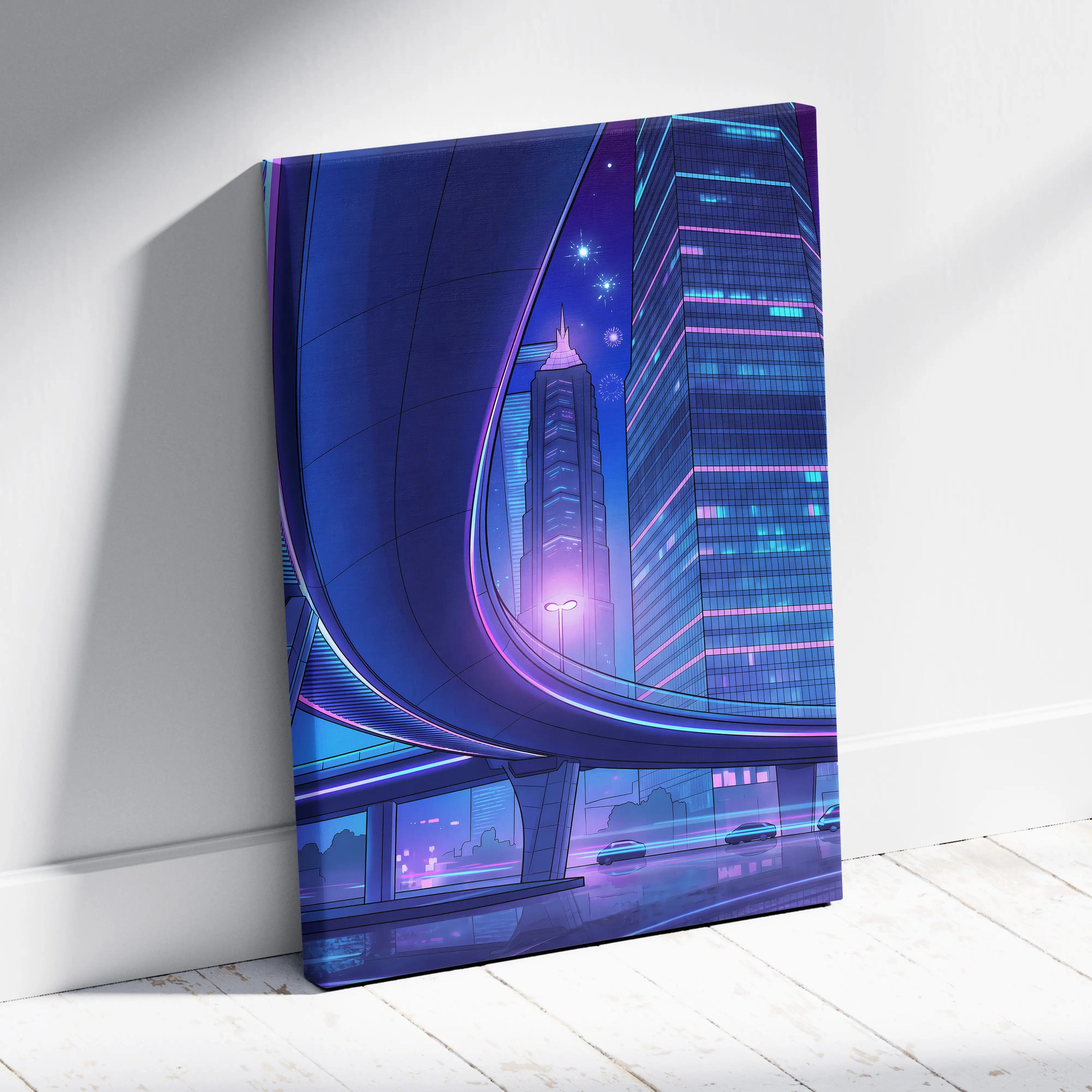Neon Skyline Vapor Canvas - Vaporwave City Neon Blues Pink Living Synthwave Art Dreamy Mood Retro Futurism Art Canvas