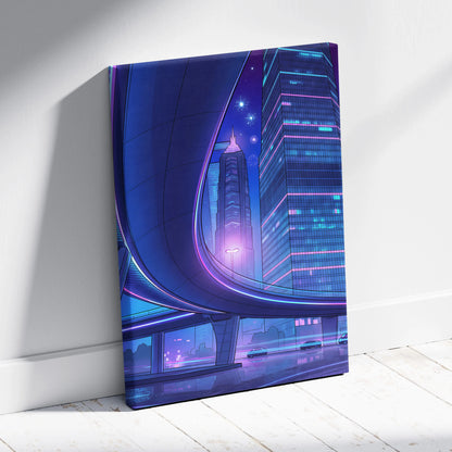 Neon Skyline Vapor Canvas - Vaporwave City Neon Blues Pink Living Synthwave Art Dreamy Mood Retro Futurism Art Canvas