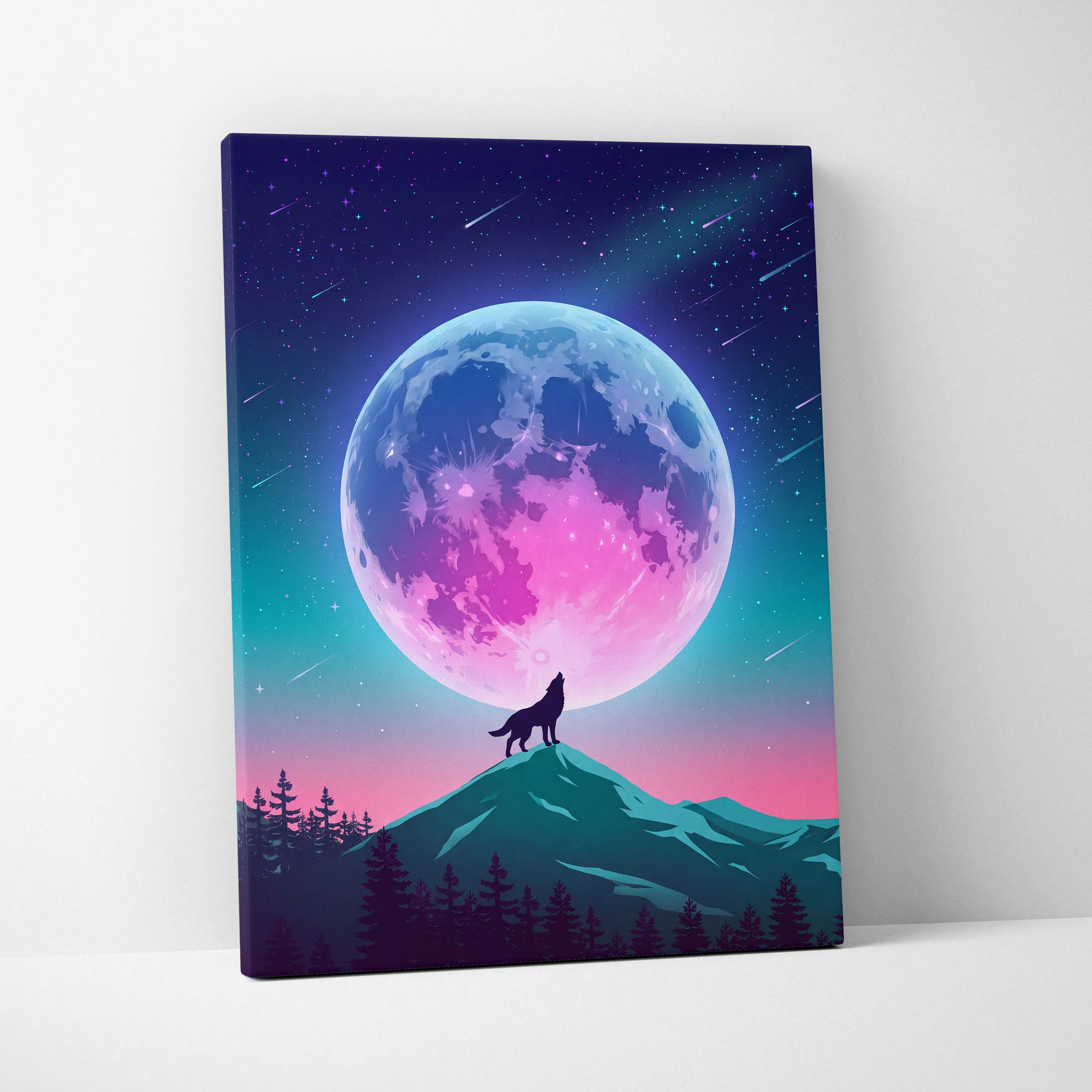 Vaporwave Moonlight Neon Canvas - Vaporwave Neon Pink Blue Living Room Retro-Futurism Dreamy Surreal Modern Art Canvas