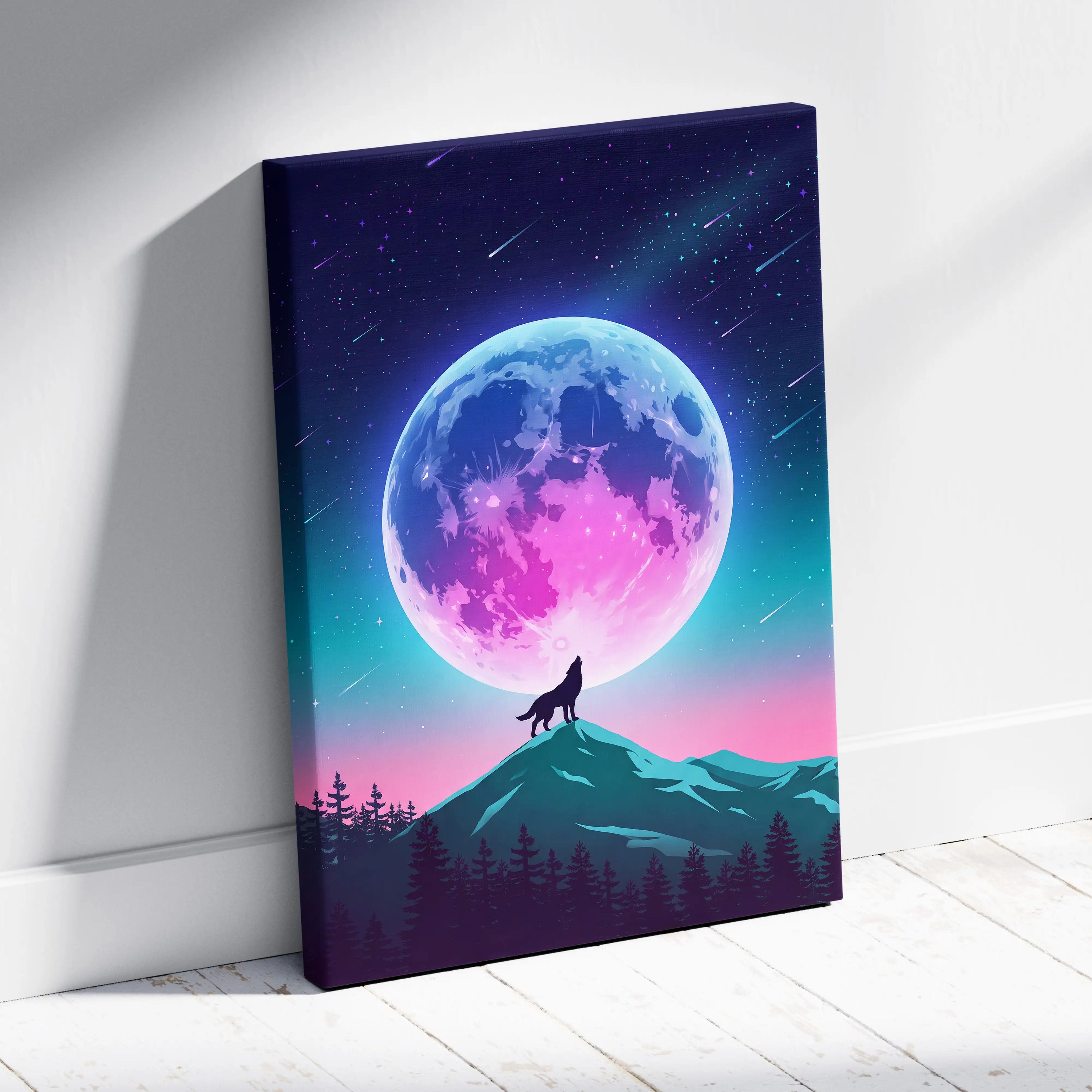Vaporwave Moonlight Neon Canvas - Vaporwave Neon Pink Blue Living Room Retro-Futurism Dreamy Surreal Modern Art Canvas