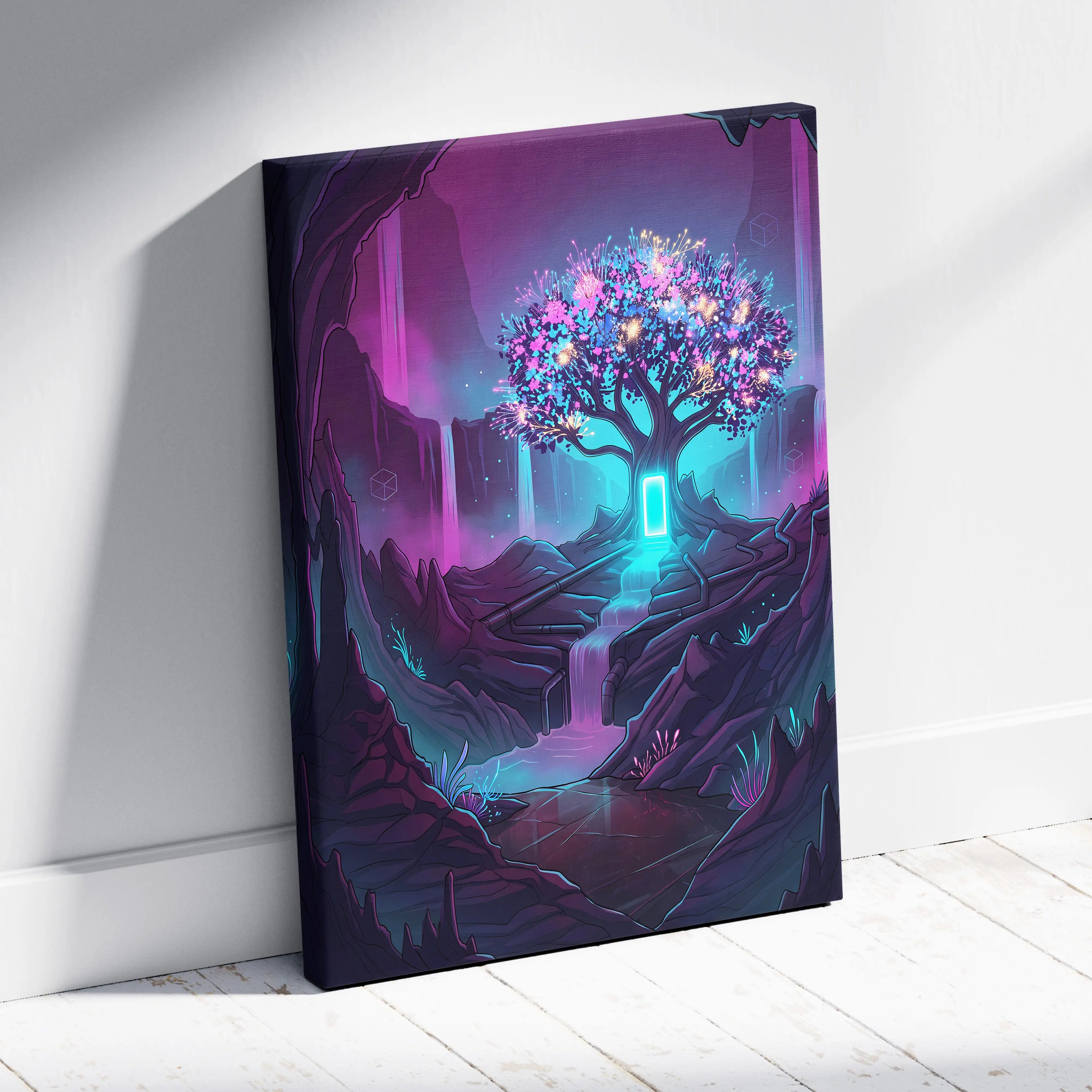 Vaporwave Neon Tree Canvas - Tree Neon Pink Purple Living Room Vaporwave Vibrant Synthwave Mood Gallery Art