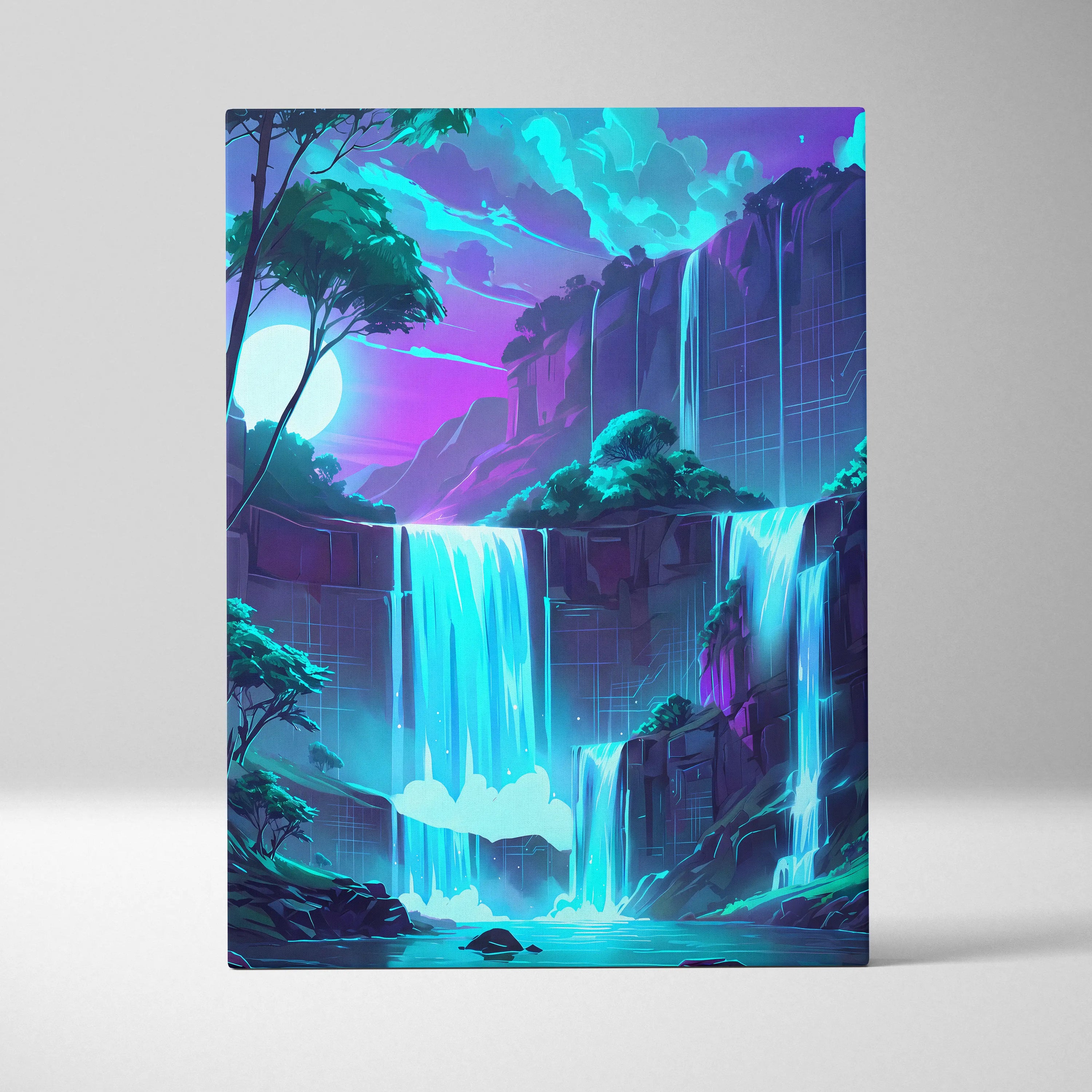 Neon Vaporwave Landscape Canvas - Landscape Neon Pink Cyan Waterfall Vaporwave Dreamy Surreal Mood Modern Decor Canvas