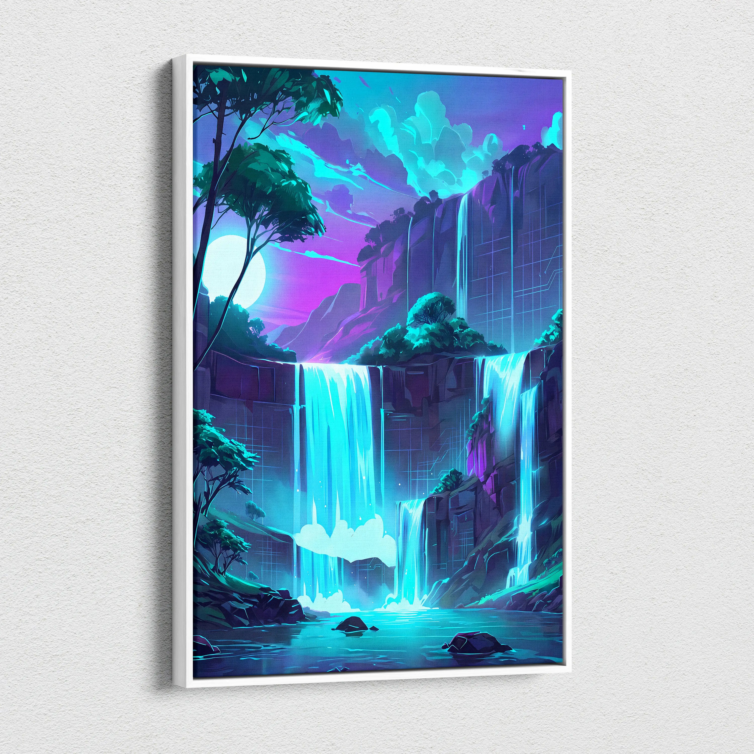 Neon Vaporwave Landscape Canvas - Landscape Neon Pink Cyan Waterfall Vaporwave Dreamy Surreal Mood Modern Decor Canvas