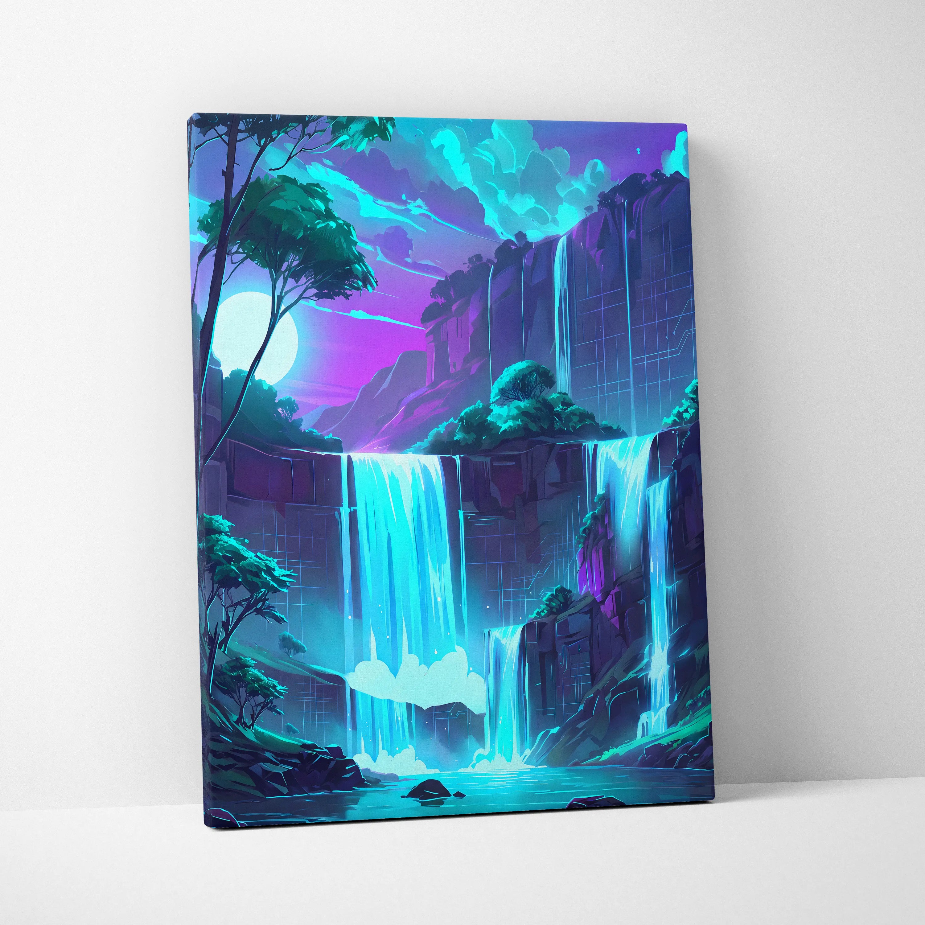 Neon Vaporwave Landscape Canvas - Landscape Neon Pink Cyan Waterfall Vaporwave Dreamy Surreal Mood Modern Decor Canvas