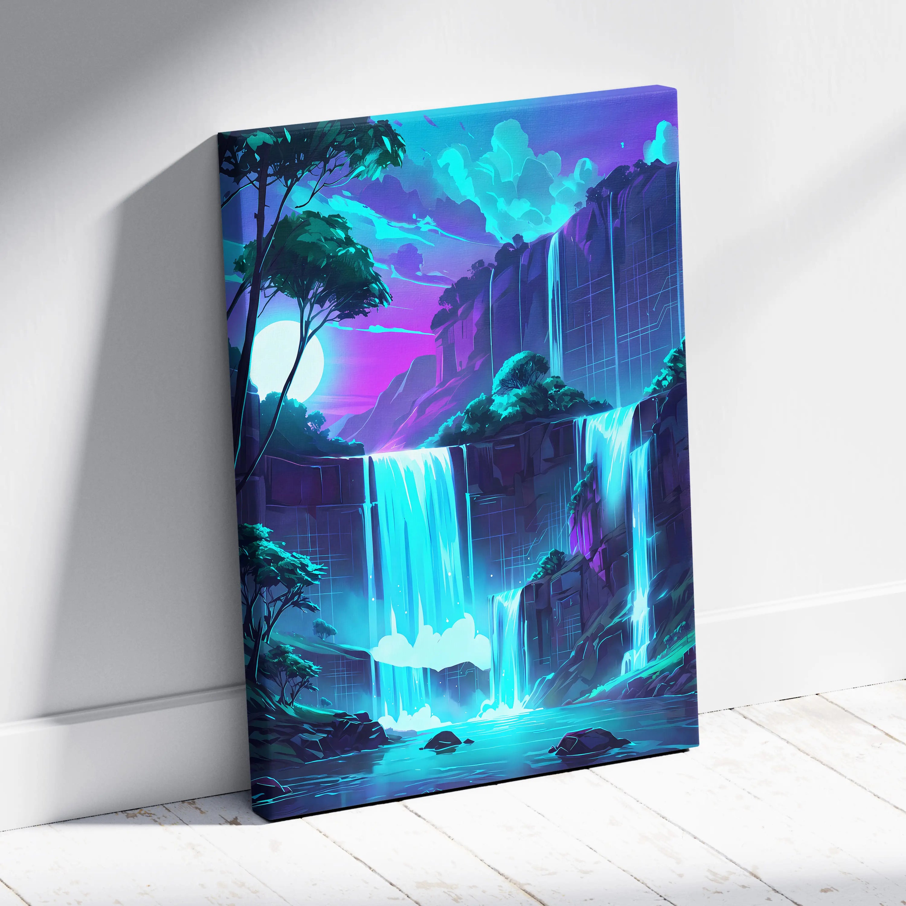Neon Vaporwave Landscape Canvas - Landscape Neon Pink Cyan Waterfall Vaporwave Dreamy Surreal Mood Modern Decor Canvas
