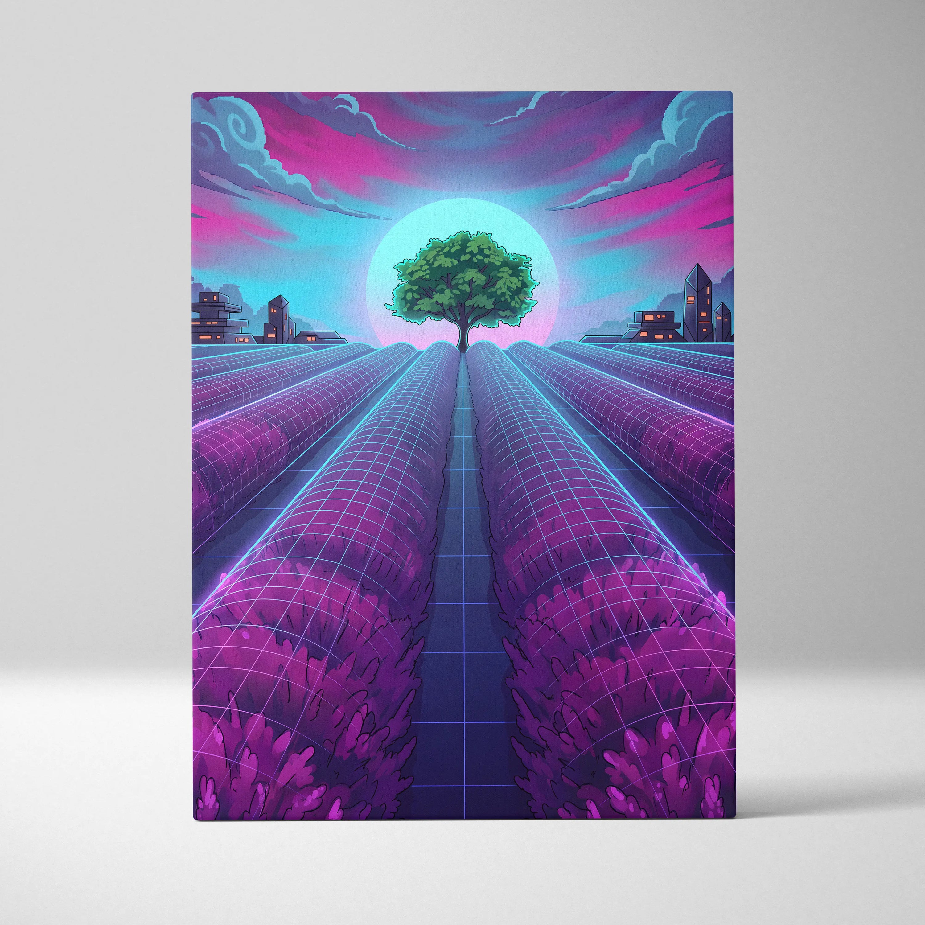 Neon Vaporwave Cityscape Canvas - Vaporwave Cityscape Neon Pink Blue Canvas Dreamy Mood, Retro Futurism Decor