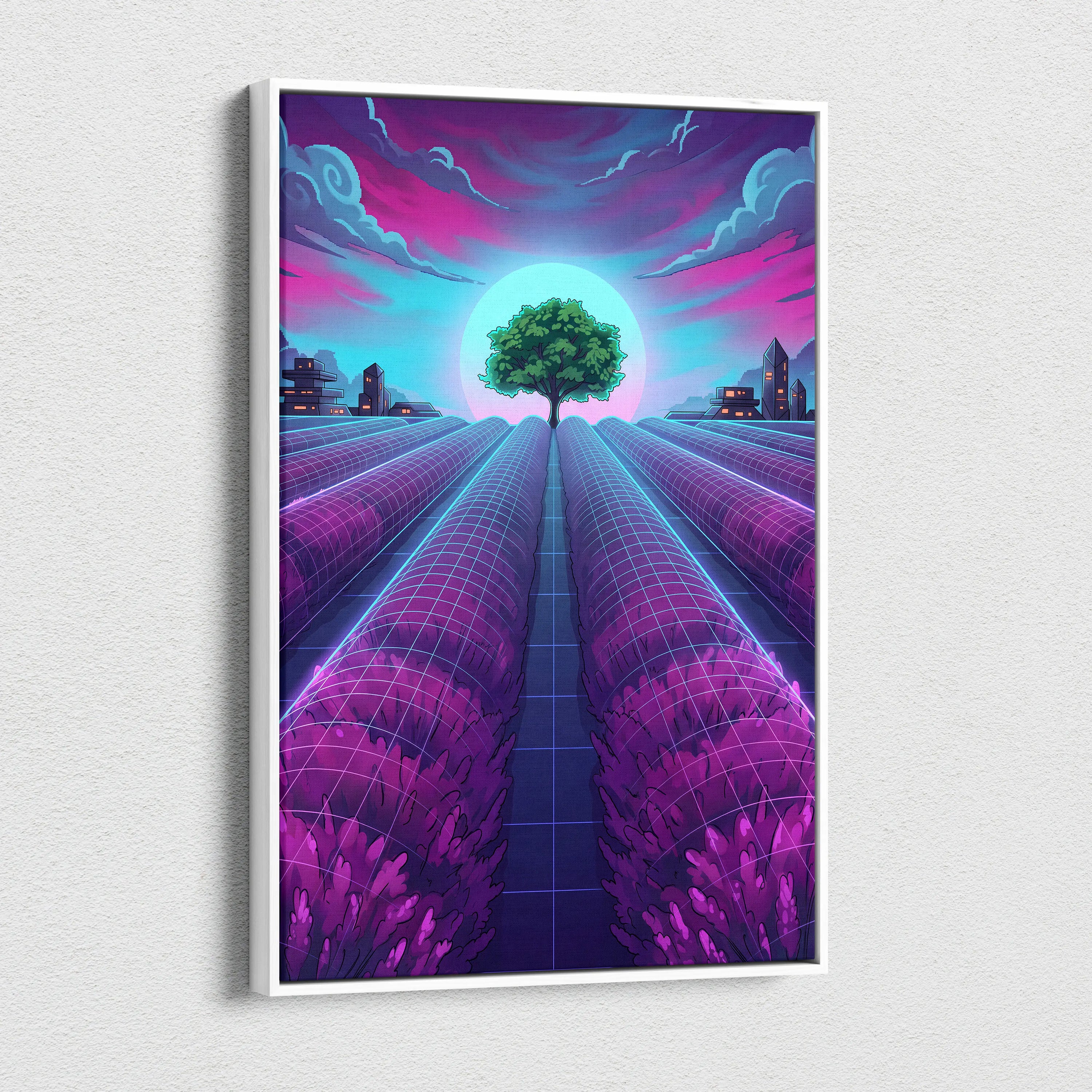 Neon Vaporwave Cityscape Canvas - Vaporwave Cityscape Neon Pink Blue Canvas Dreamy Mood, Retro Futurism Decor