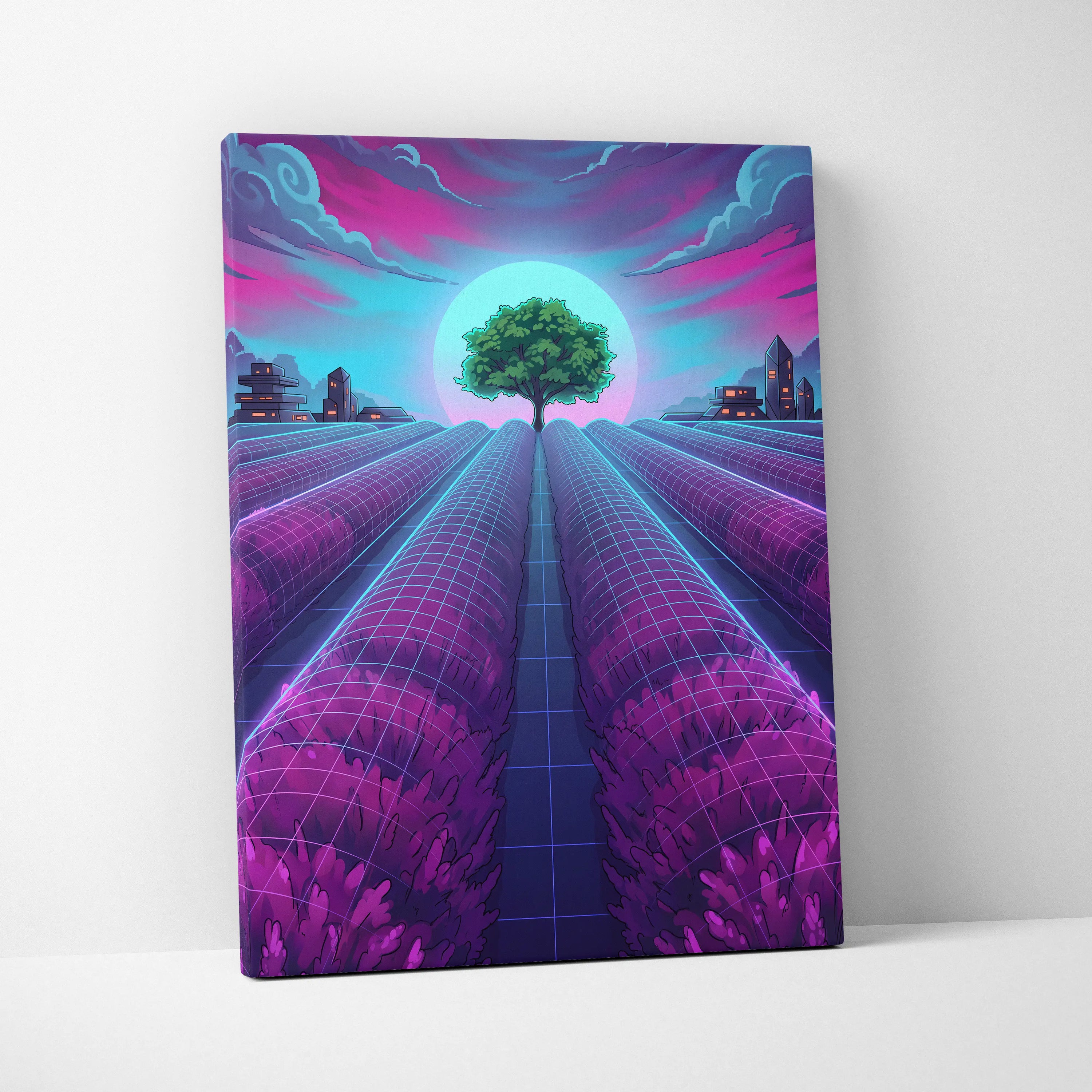 Neon Vaporwave Cityscape Canvas - Vaporwave Cityscape Neon Pink Blue Canvas Dreamy Mood, Retro Futurism Decor
