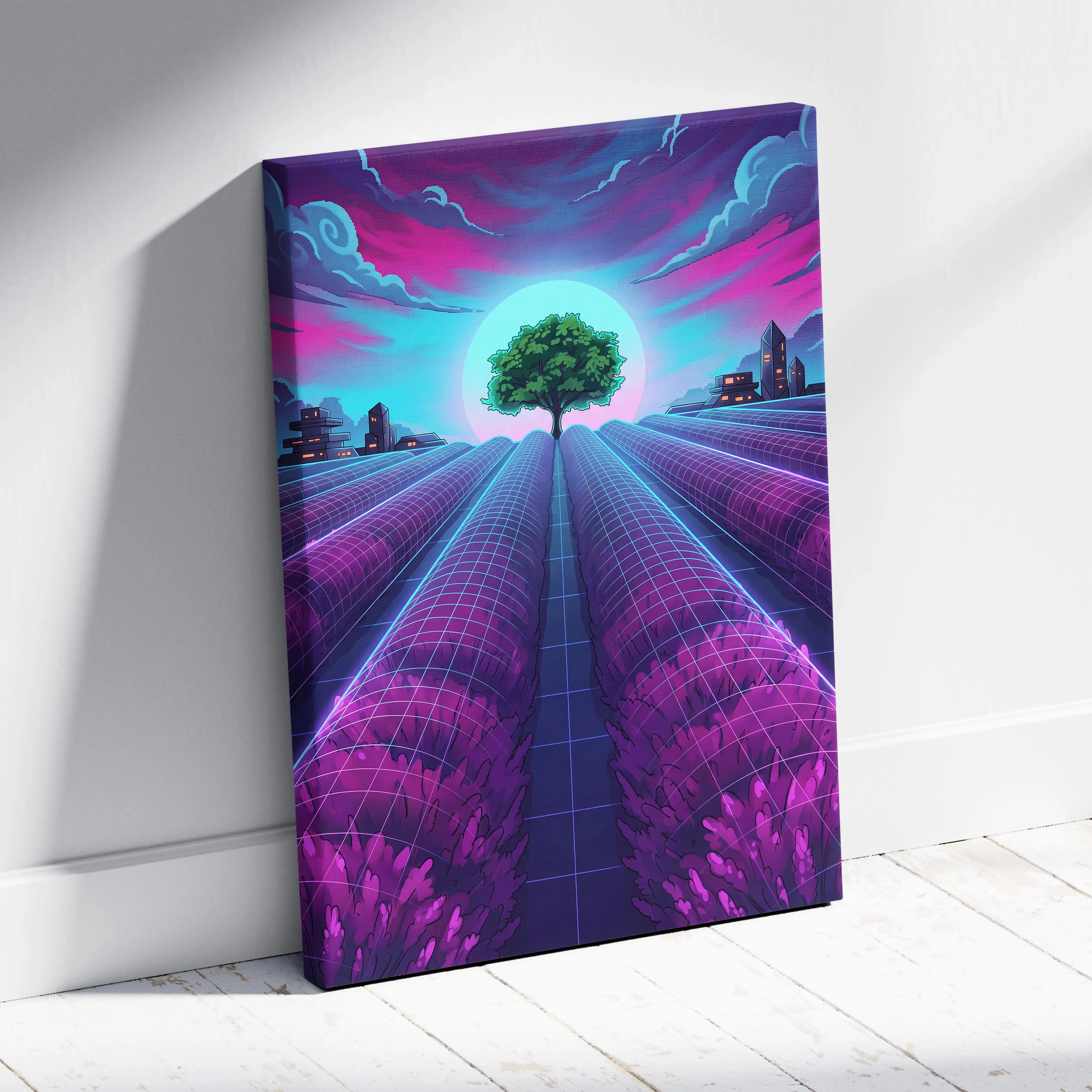 Neon Vaporwave Cityscape Canvas - Vaporwave Cityscape Neon Pink Blue Canvas Dreamy Mood, Retro Futurism Decor