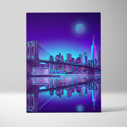 Vaporwave Neon Skyline Canvas Art - Vaporwave Cityscape Purple Neon Living Room Dreamy Neon Mood Wall Art Canvas