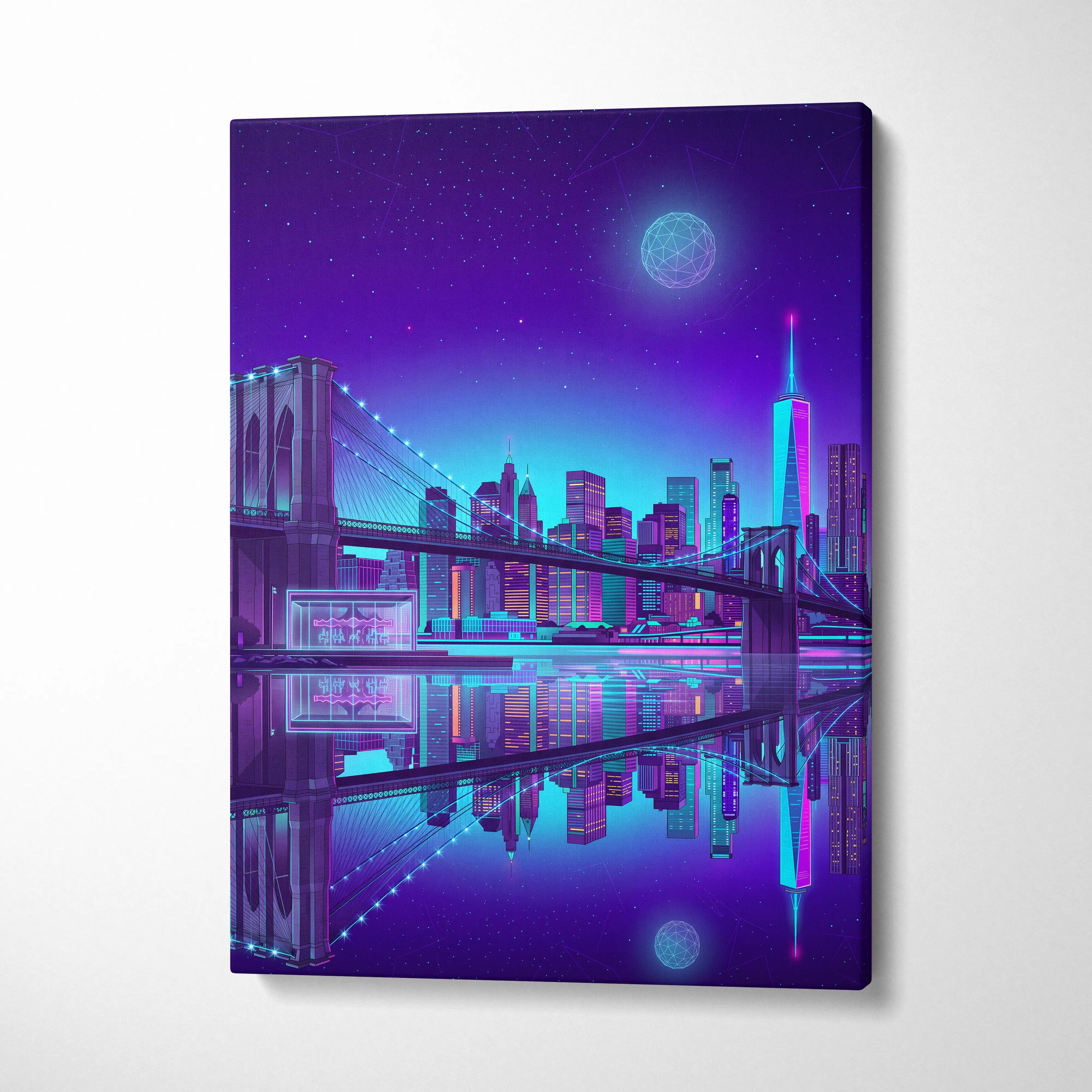 Vaporwave Neon Skyline Canvas Art - Vaporwave Cityscape Purple Neon Living Room Dreamy Neon Mood Wall Art Canvas