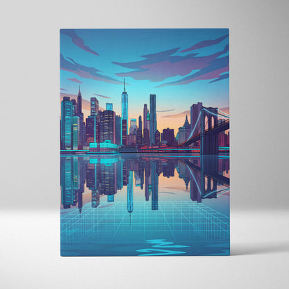 Neon City Vaporwave Canvas - Cityscape Neon Blues Purple Living Room Vaporwave Art Dreamy Retro Futurism Wall Art Canvas