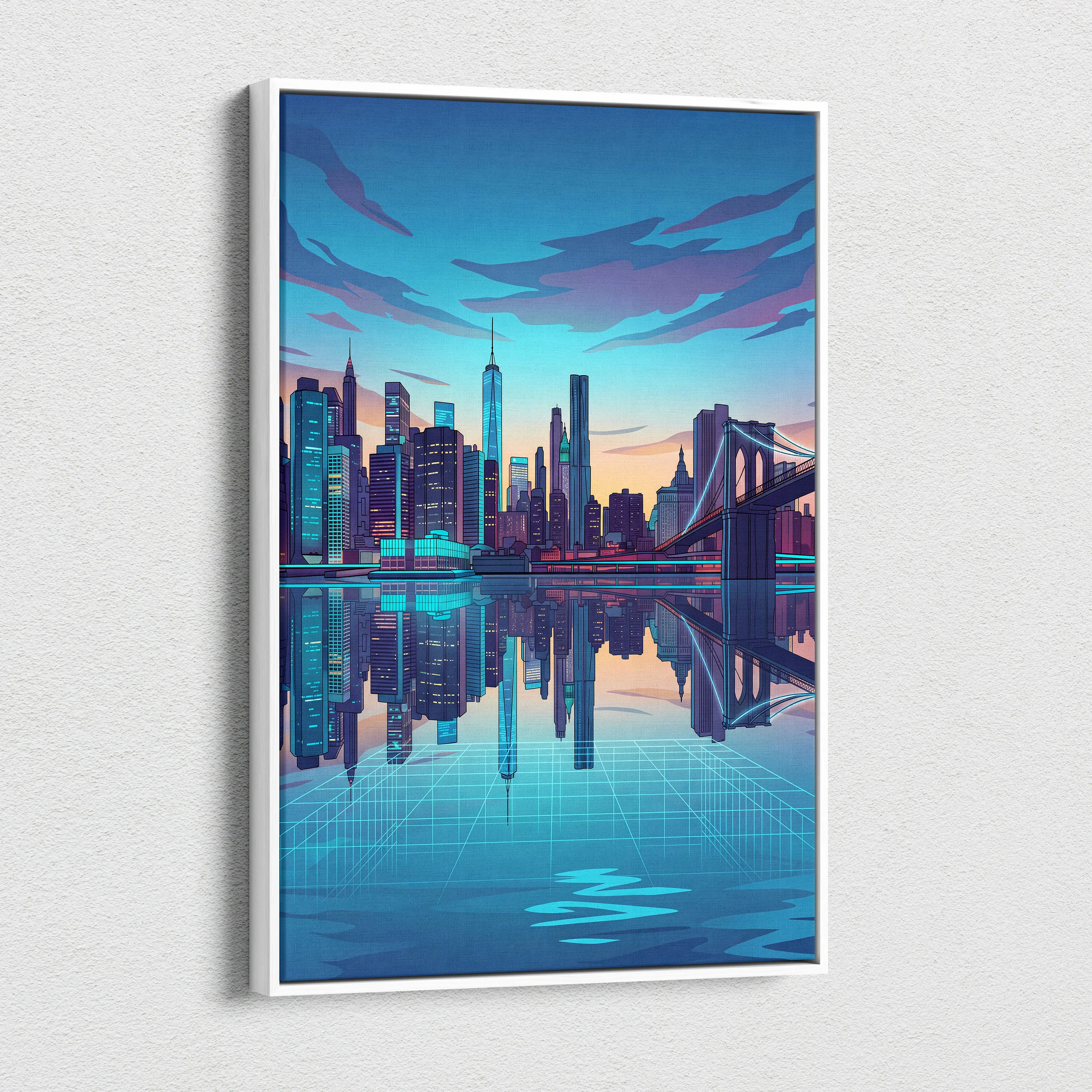 Neon City Vaporwave Canvas - Cityscape Neon Blues Purple Living Room Vaporwave Art Dreamy Retro Futurism Wall Art Canvas