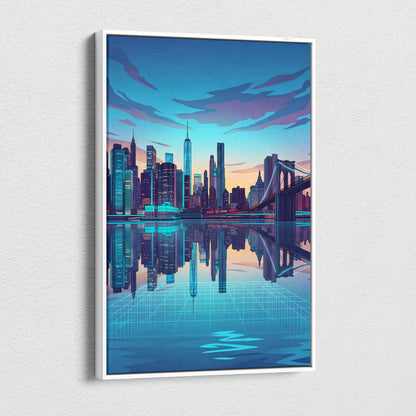 Neon City Vaporwave Canvas - Cityscape Neon Blues Purple Living Room Vaporwave Art Dreamy Retro Futurism Wall Art Canvas
