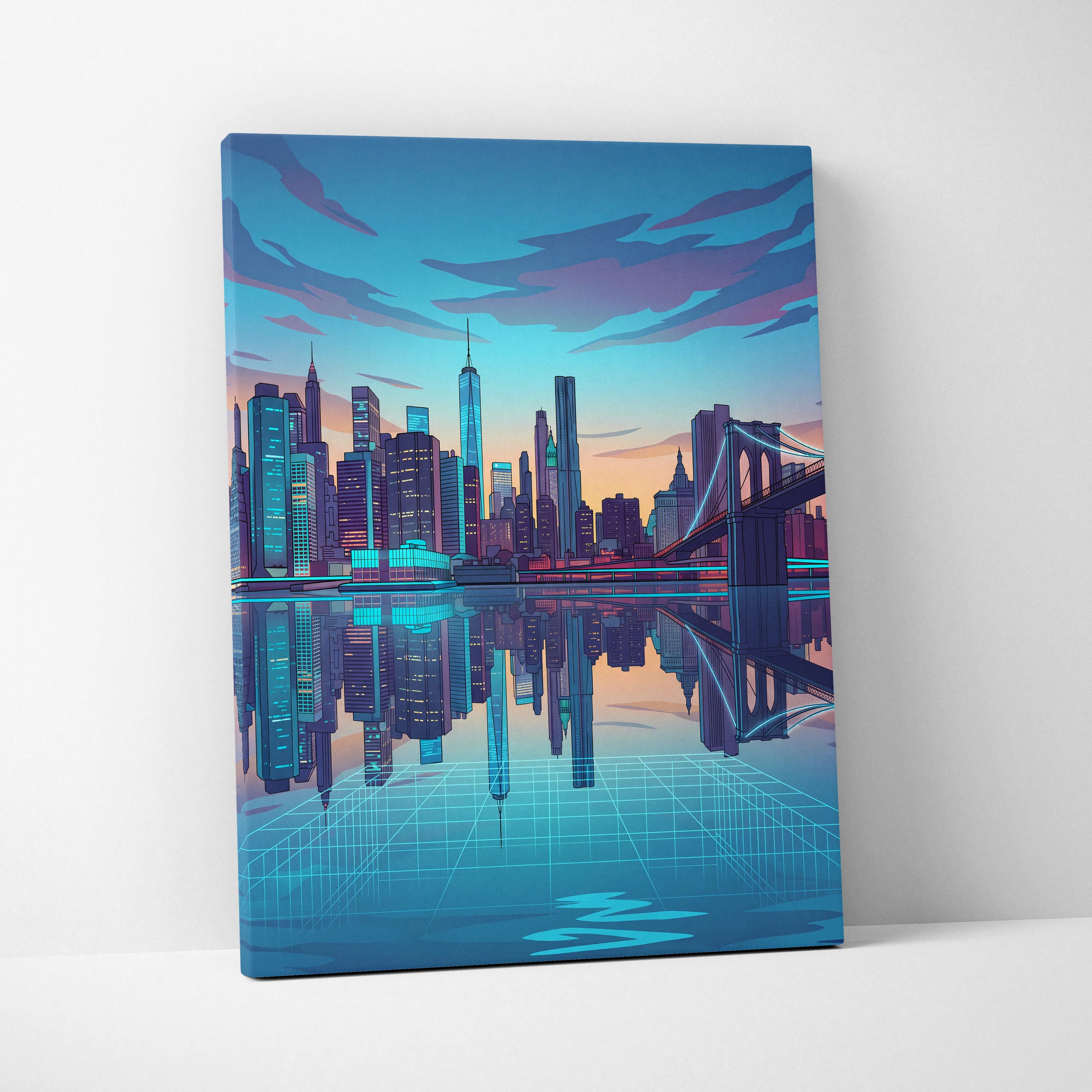 Neon City Vaporwave Canvas - Cityscape Neon Blues Purple Living Room Vaporwave Art Dreamy Retro Futurism Wall Art Canvas