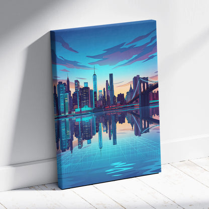 Neon City Vaporwave Canvas - Cityscape Neon Blues Purple Living Room Vaporwave Art Dreamy Retro Futurism Wall Art Canvas