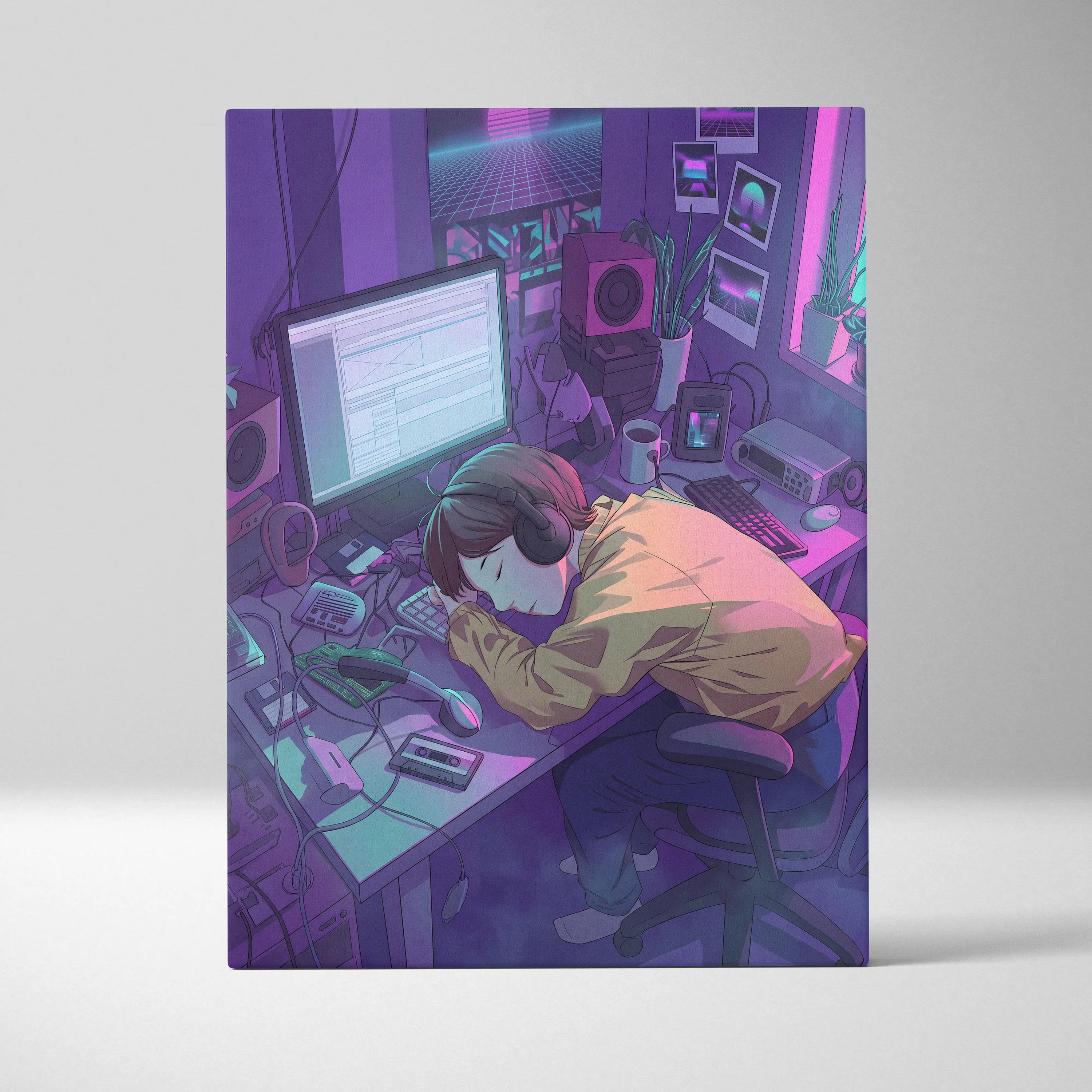Vaporwave Neon Desk Canvas - Desk Purple Pink Cyan Home Office Vaporwave Dreamy Nostalgic Retro Futurism Canvas