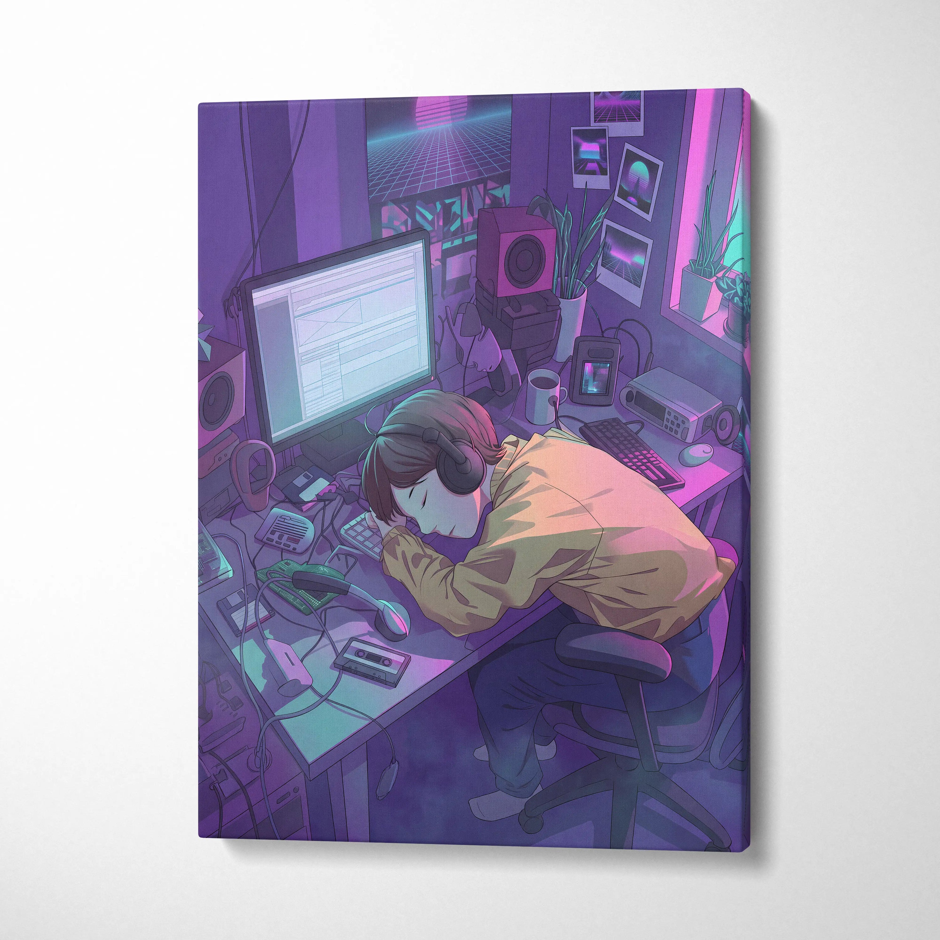 Vaporwave Neon Desk Canvas - Desk Purple Pink Cyan Home Office Vaporwave Dreamy Nostalgic Retro Futurism Canvas