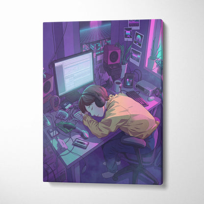 Vaporwave Neon Desk Canvas - Desk Purple Pink Cyan Home Office Vaporwave Dreamy Nostalgic Retro Futurism Canvas