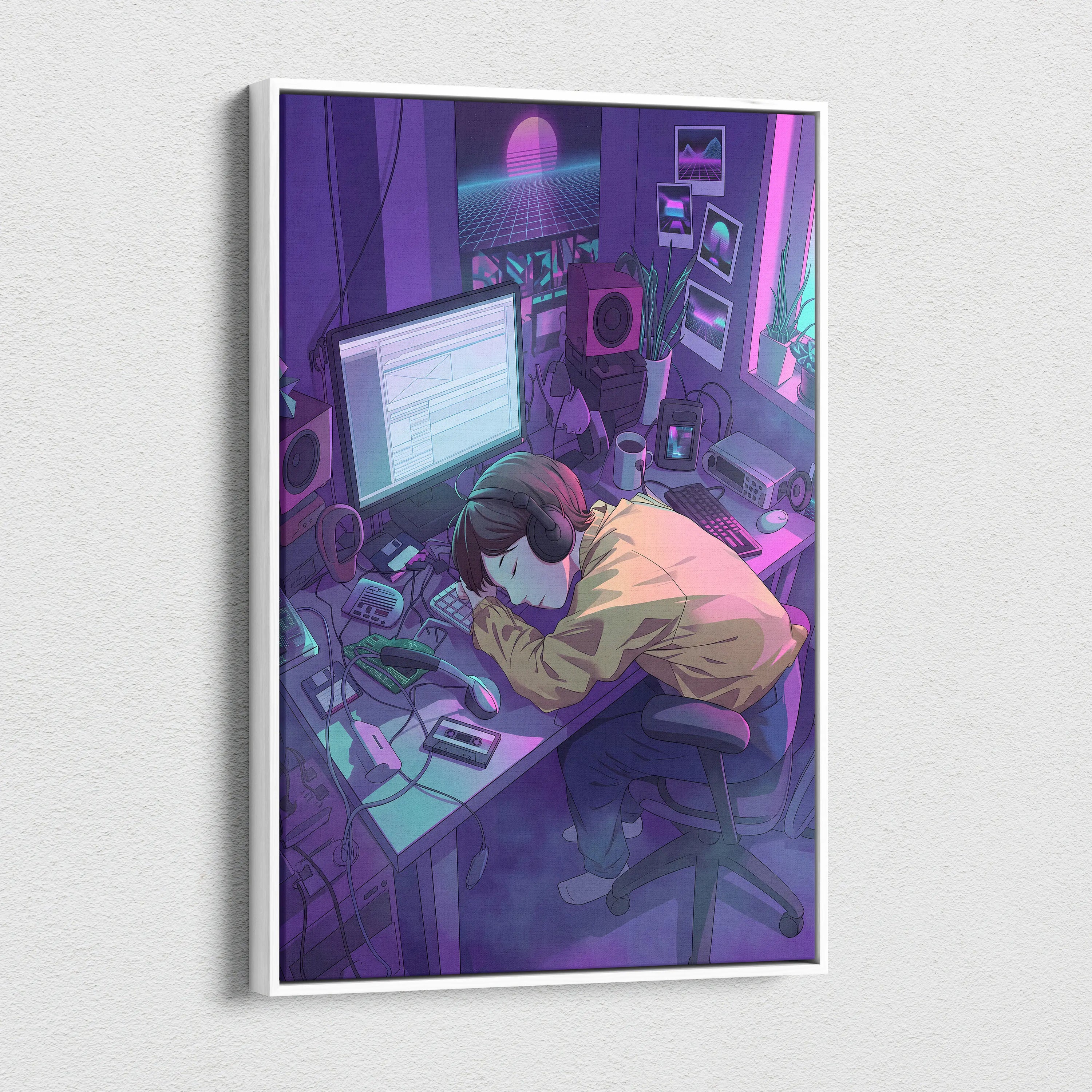 Vaporwave Neon Desk Canvas - Desk Purple Pink Cyan Home Office Vaporwave Dreamy Nostalgic Retro Futurism Canvas