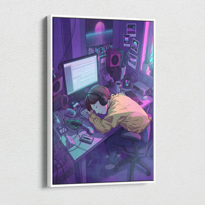 Vaporwave Neon Desk Canvas - Desk Purple Pink Cyan Home Office Vaporwave Dreamy Nostalgic Retro Futurism Canvas