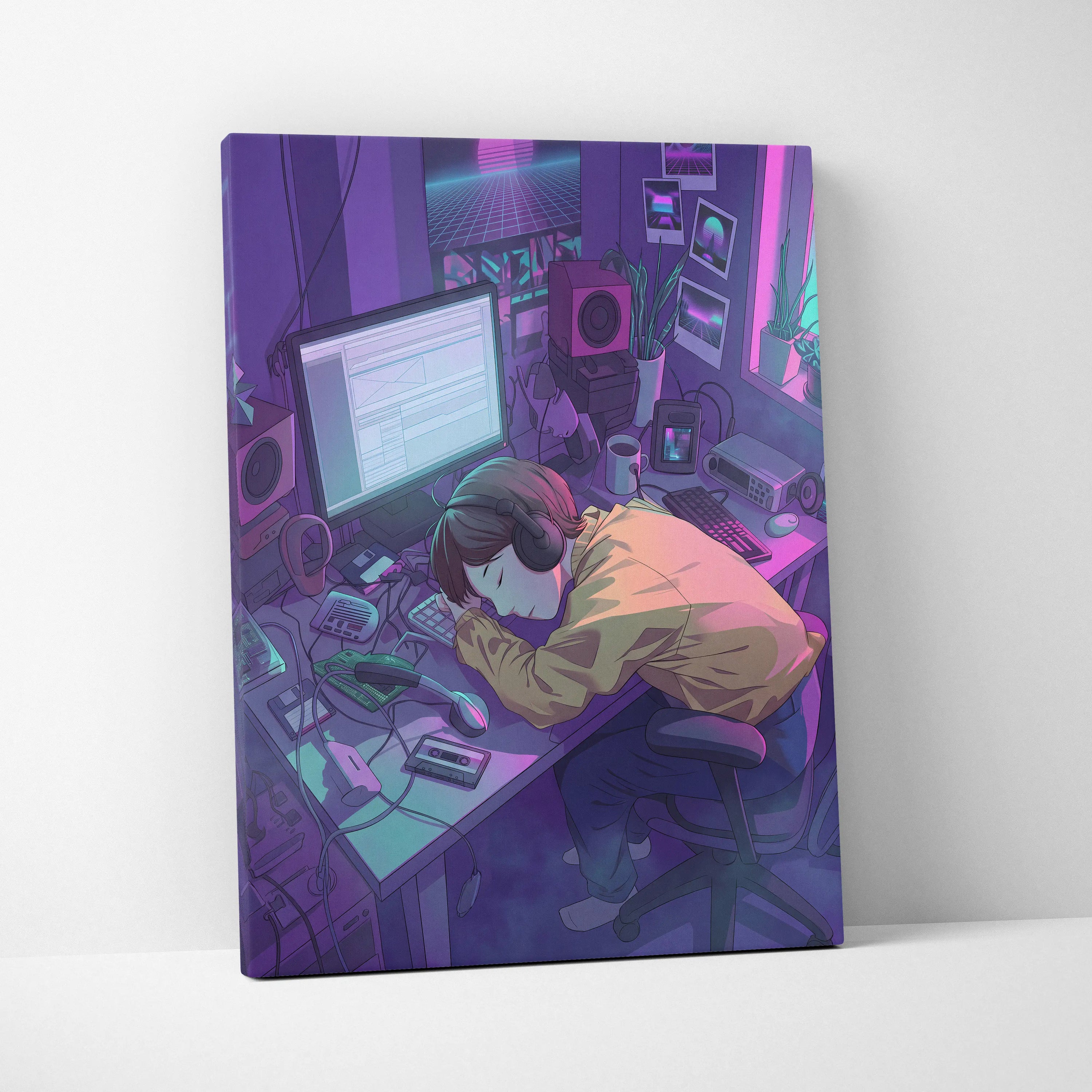 Vaporwave Neon Desk Canvas - Desk Purple Pink Cyan Home Office Vaporwave Dreamy Nostalgic Retro Futurism Canvas