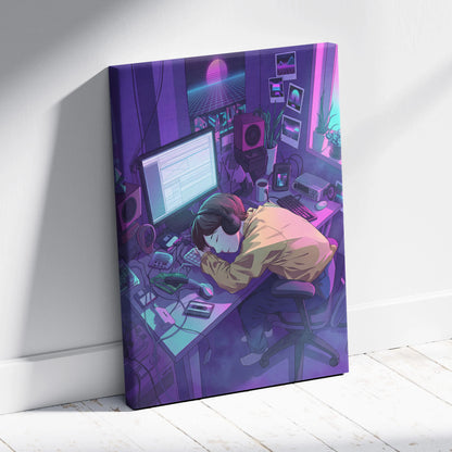 Vaporwave Neon Desk Canvas - Desk Purple Pink Cyan Home Office Vaporwave Dreamy Nostalgic Retro Futurism Canvas