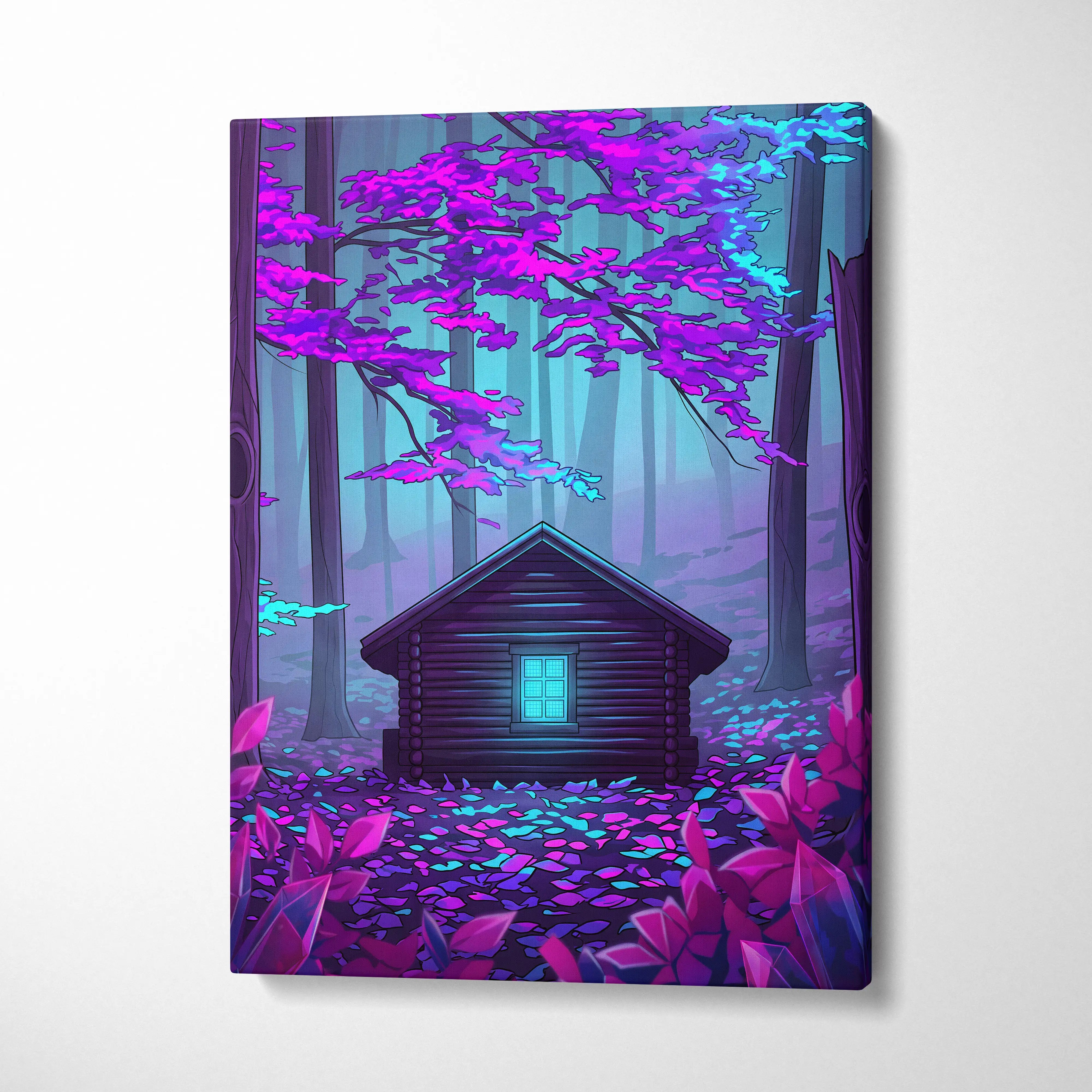 Neon Vaporwave Forest House - Vaporwave Landscape Neon Pink Cyan Living Room Retro Futurism Dreamy Synthwave Canvas Art
