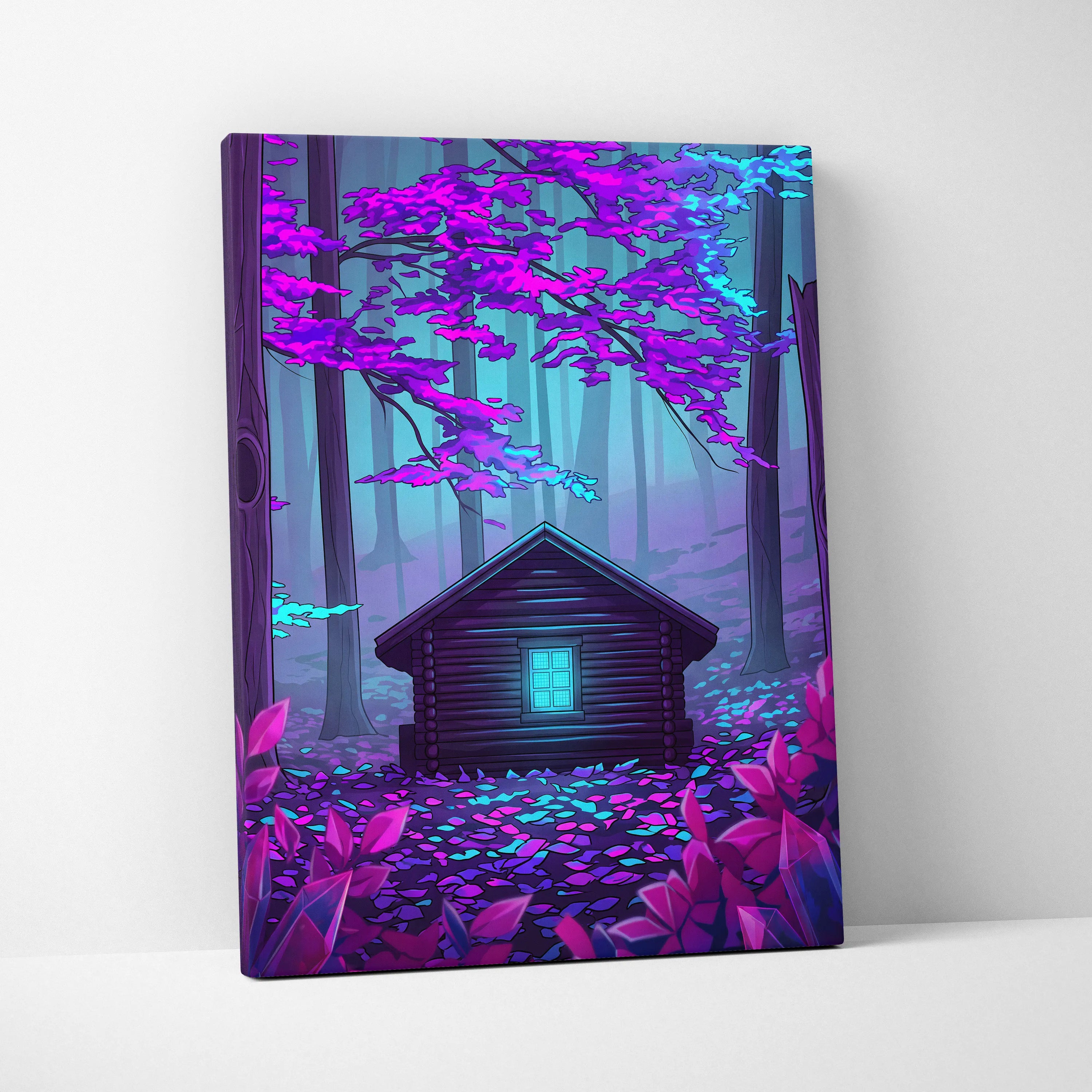 Neon Vaporwave Forest House - Vaporwave Landscape Neon Pink Cyan Living Room Retro Futurism Dreamy Synthwave Canvas Art