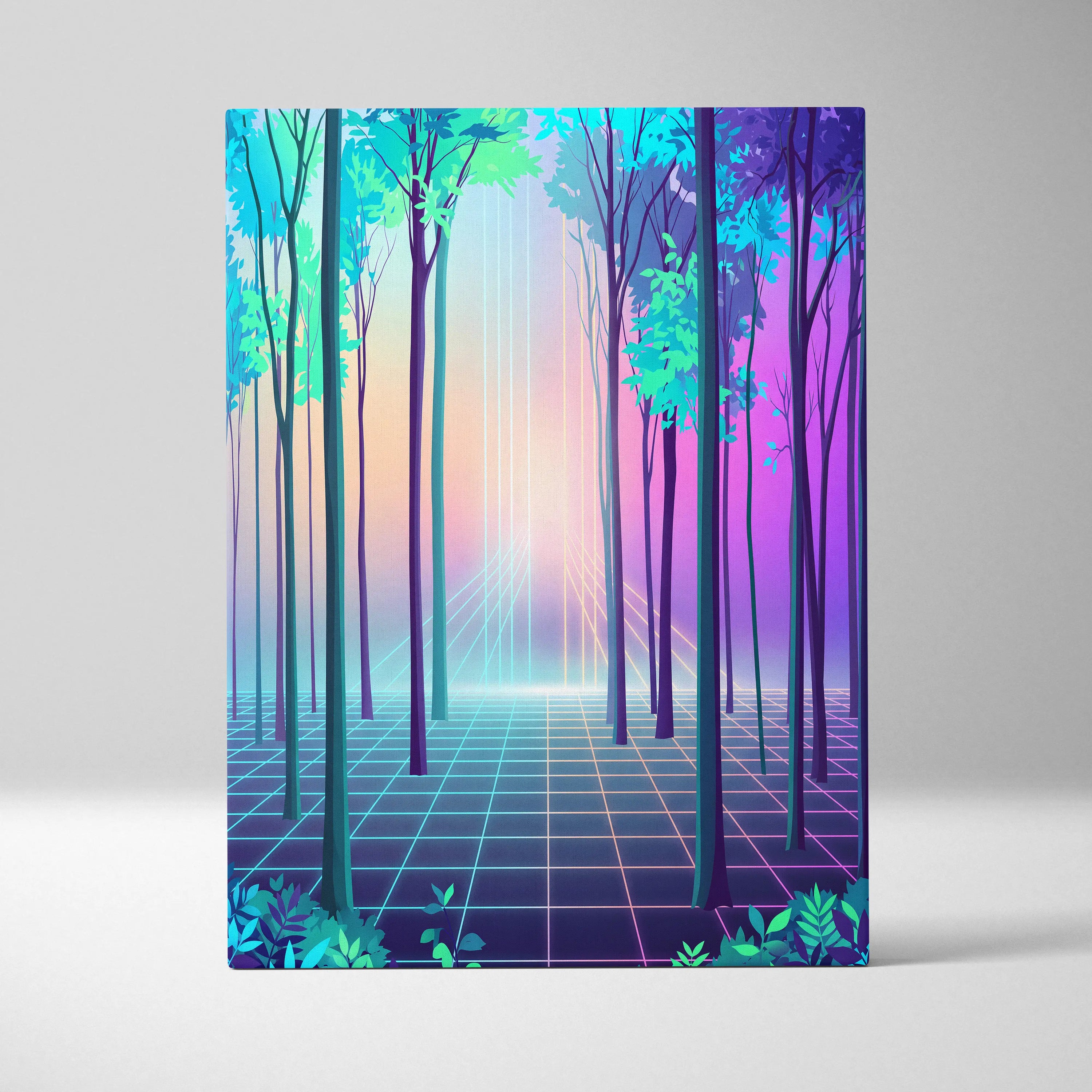 Neon Forest Vaporwave Canvas - Neon Forest Vaporwave Landscape Teal Pink Living Room Dreamy Modern Wall Art Synthwave