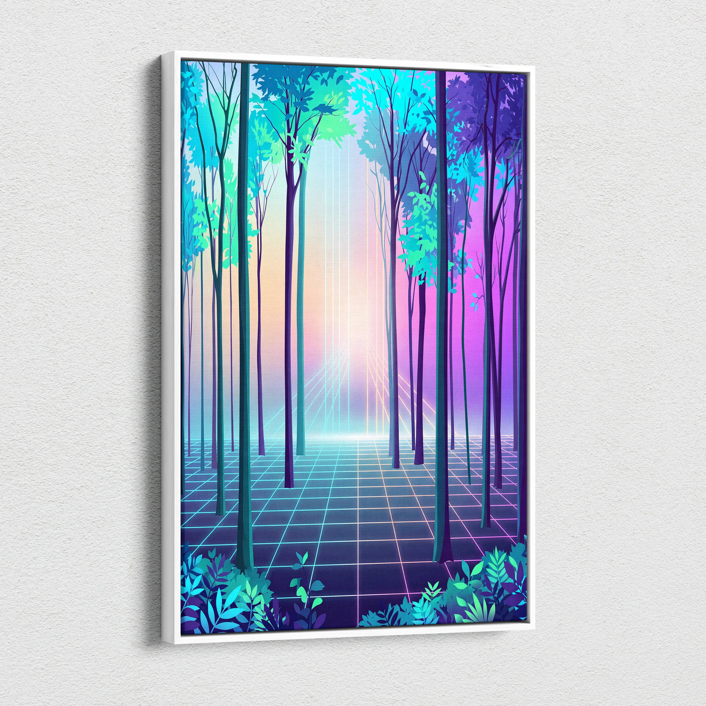 Neon Forest Vaporwave Canvas - Neon Forest Vaporwave Landscape Teal Pink Living Room Dreamy Modern Wall Art Synthwave