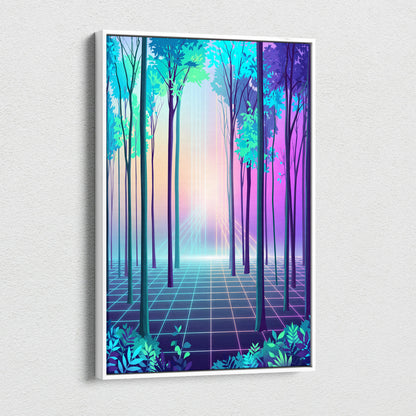 Neon Forest Vaporwave Canvas - Neon Forest Vaporwave Landscape Teal Pink Living Room Dreamy Modern Wall Art Synthwave