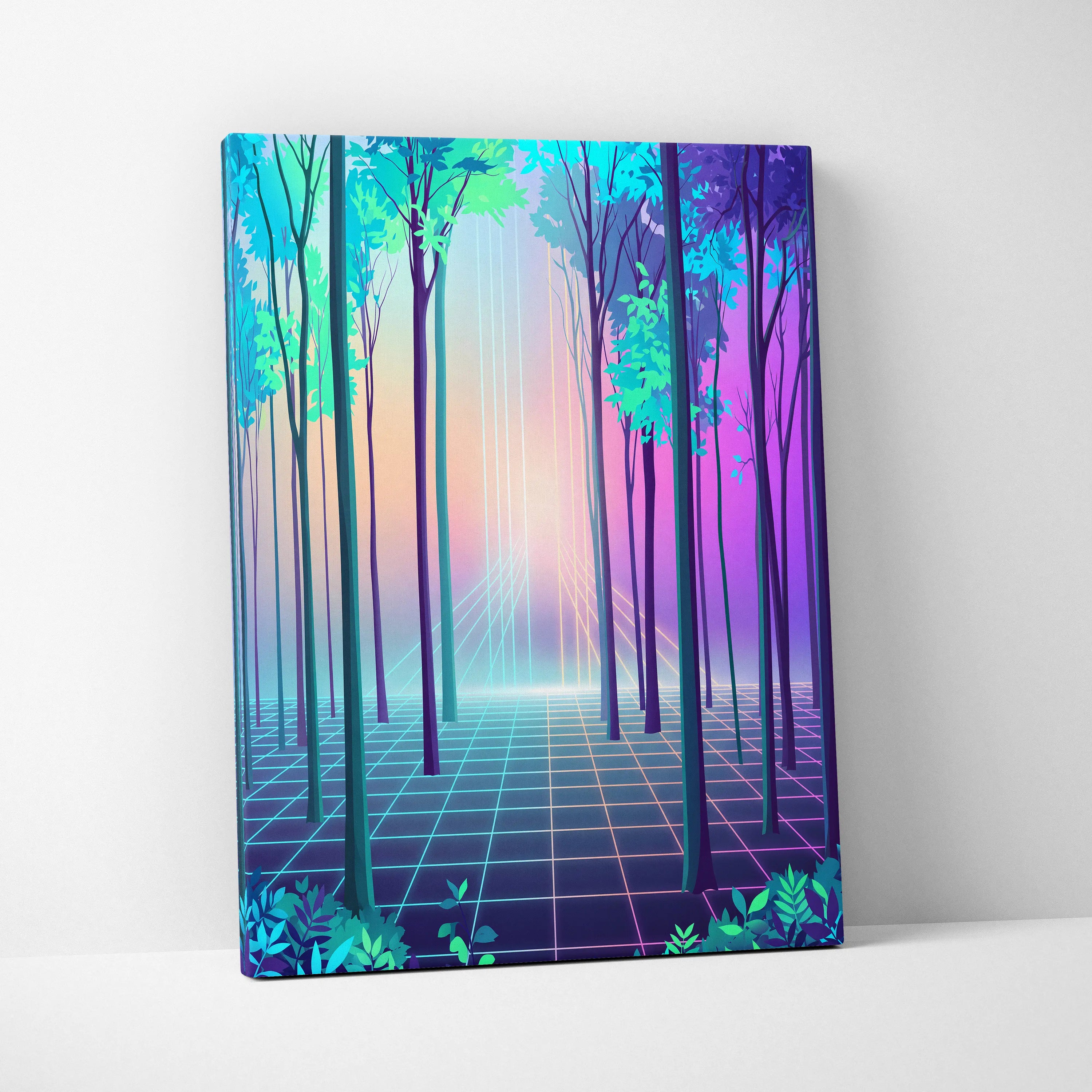 Neon Forest Vaporwave Canvas - Neon Forest Vaporwave Landscape Teal Pink Living Room Dreamy Modern Wall Art Synthwave