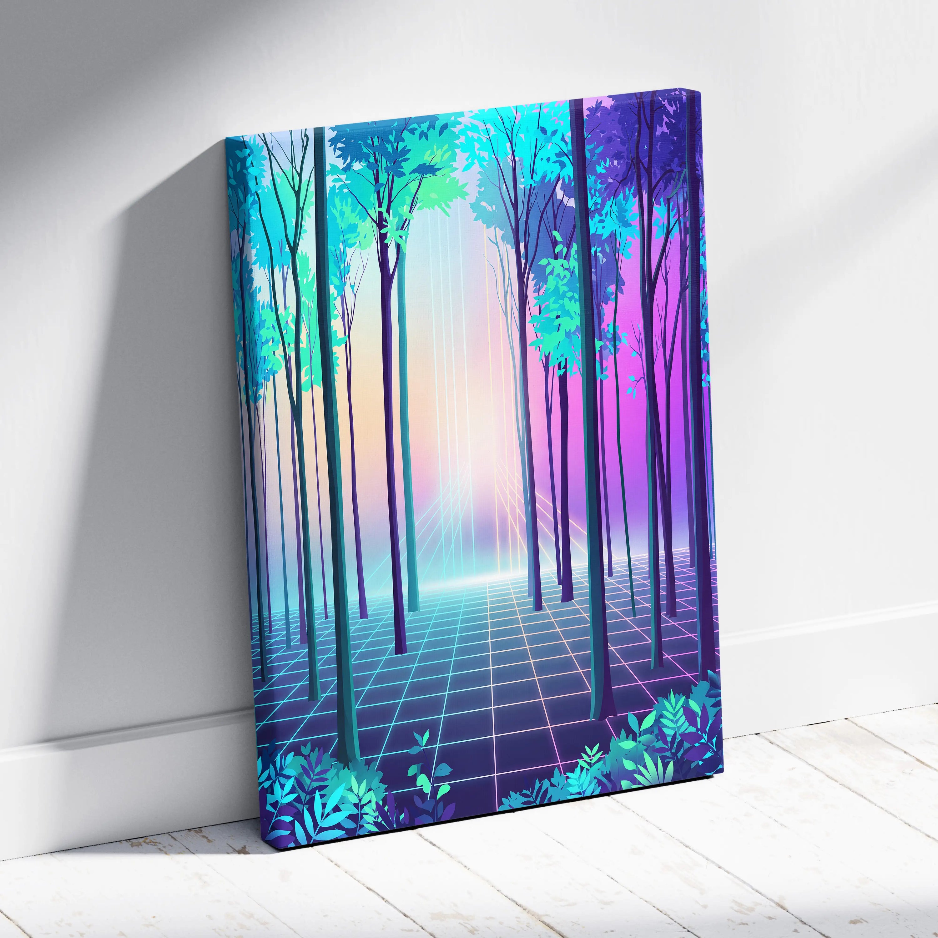 Neon Forest Vaporwave Canvas - Neon Forest Vaporwave Landscape Teal Pink Living Room Dreamy Modern Wall Art Synthwave