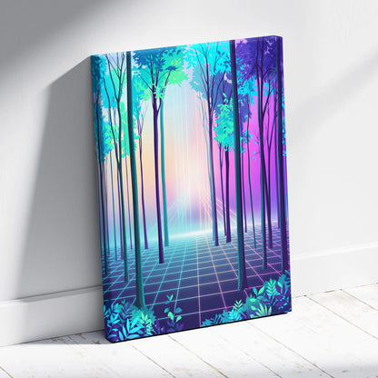 Neon Forest Vaporwave Canvas - Neon Forest Vaporwave Landscape Teal Pink Living Room Dreamy Modern Wall Art Synthwave