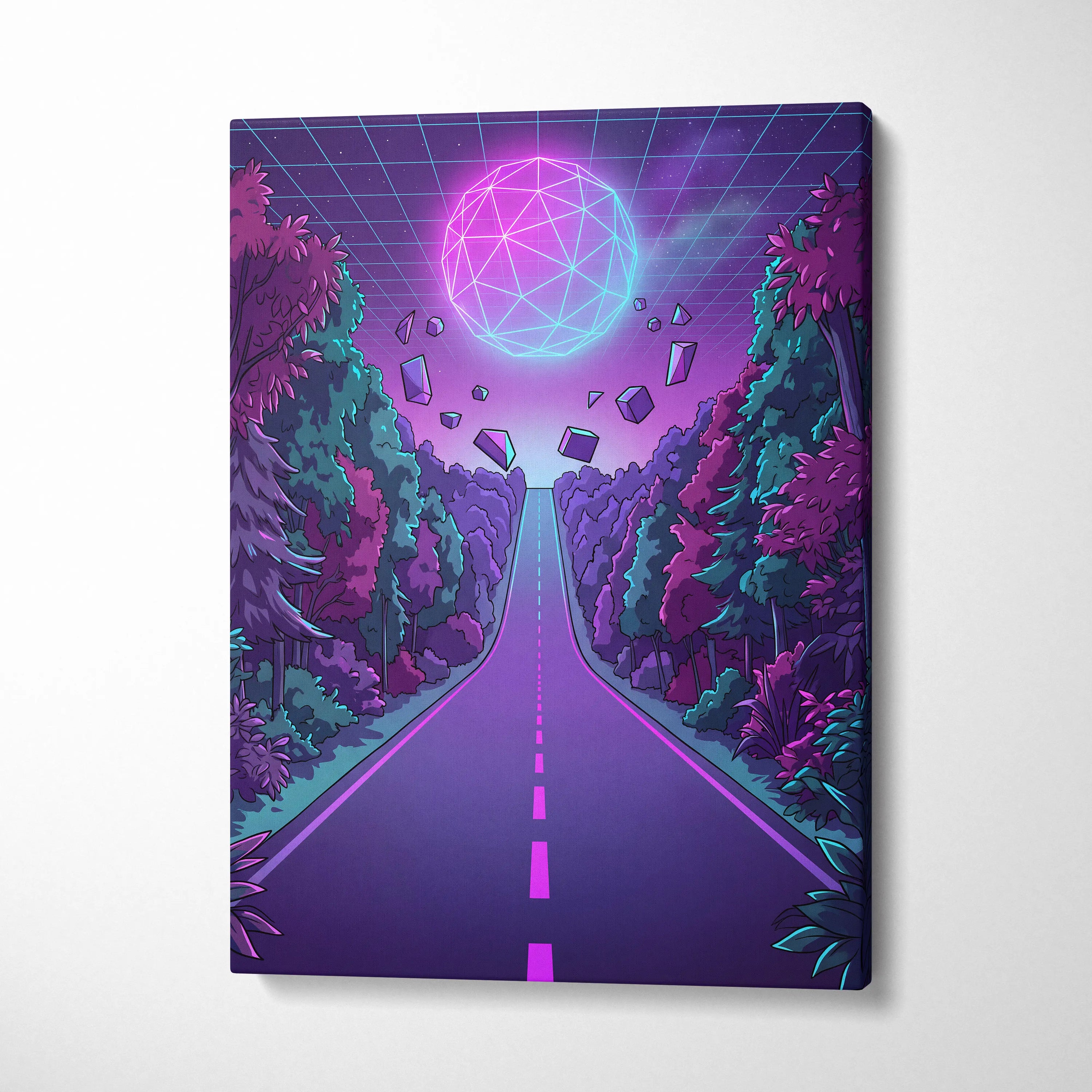Neon Vaporwave Sphere Canvas - Vaporwave Scene Purple Pink Blue Living Room Retro Dreamy Neon Gallery Wall Canvas