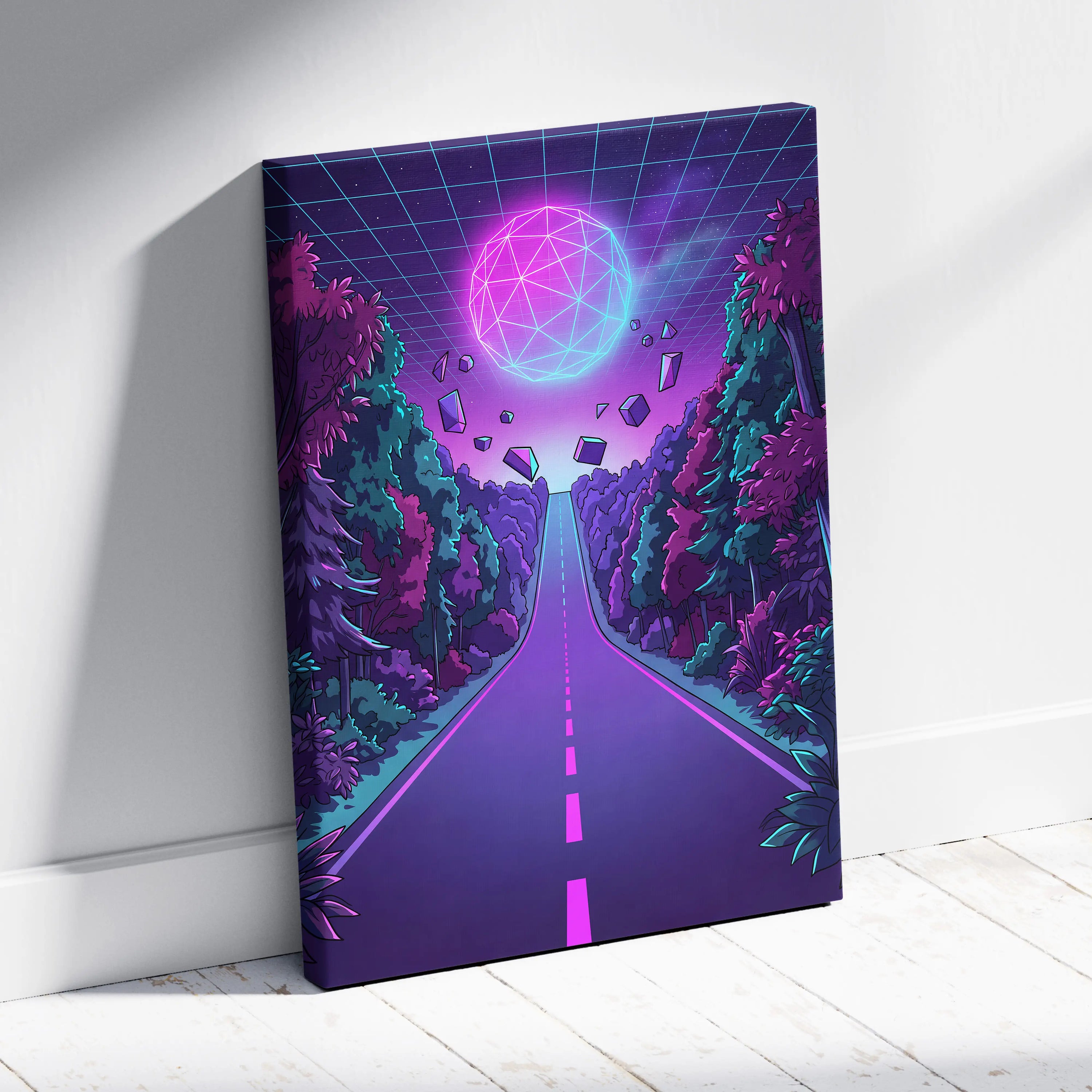 Neon Vaporwave Sphere Canvas - Vaporwave Scene Purple Pink Blue Living Room Retro Dreamy Neon Gallery Wall Canvas