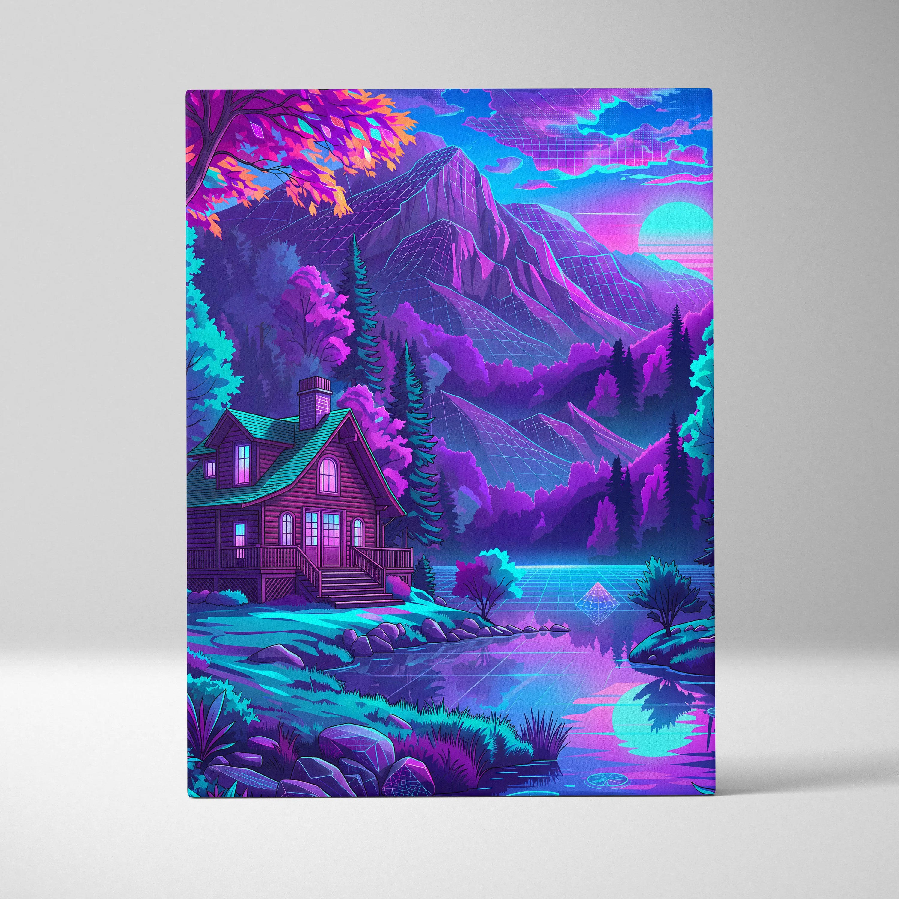 Vaporwave Neon Mountain Vista - Landscape Neon Pink Purple Living Room Vaporwave - Dreamy Neon Mood Canvas
