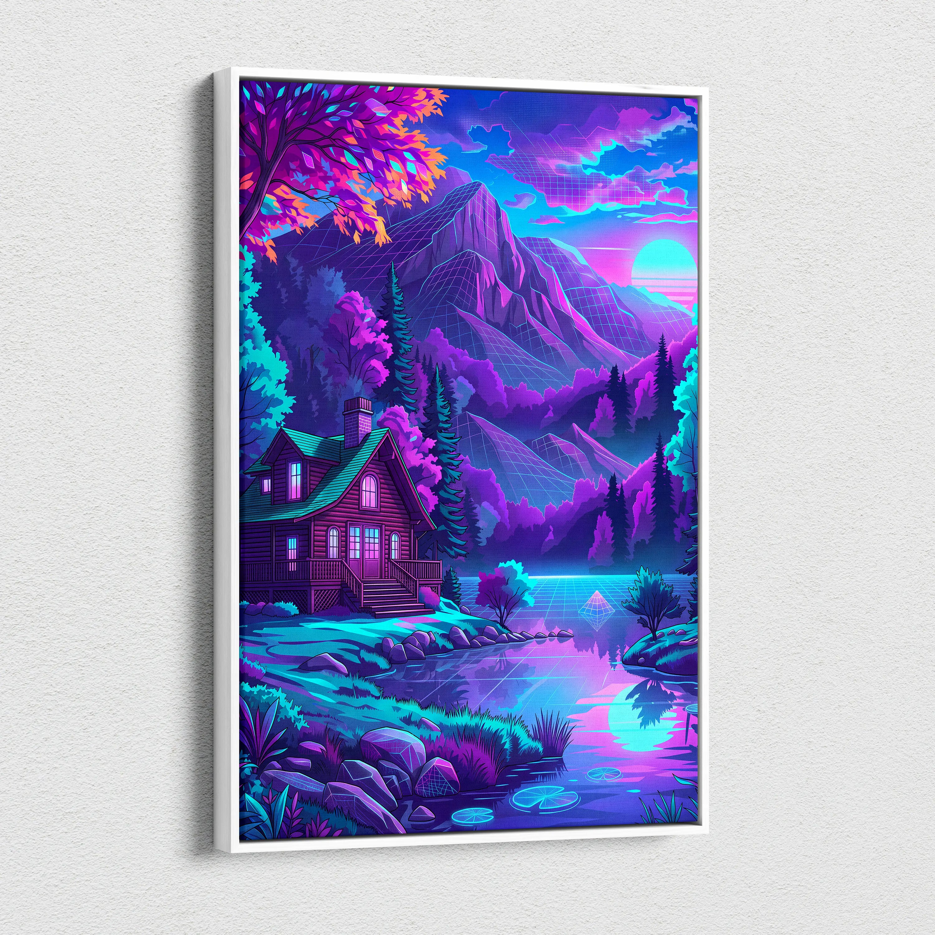 Vaporwave Neon Mountain Vista - Landscape Neon Pink Purple Living Room Vaporwave - Dreamy Neon Mood Canvas