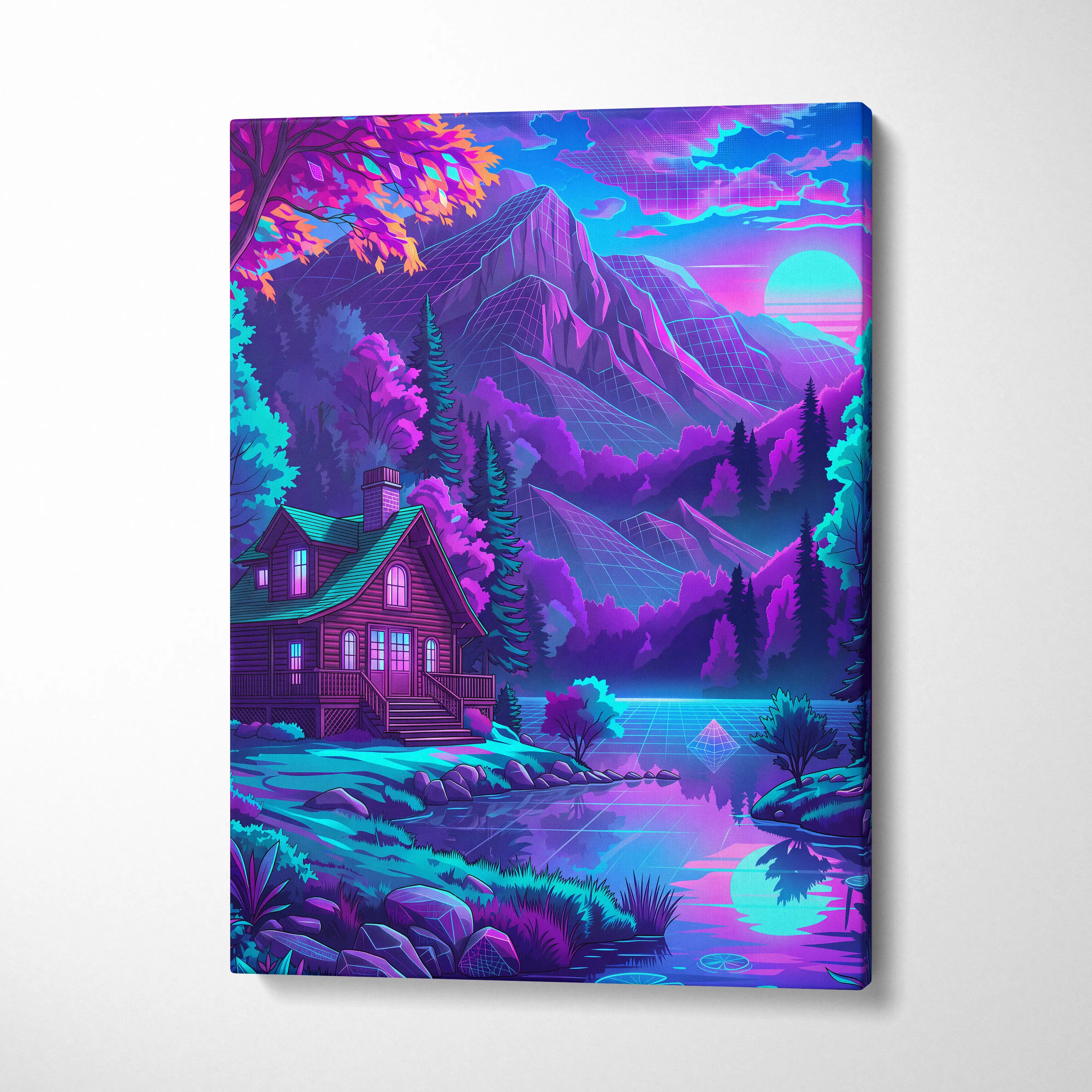 Vaporwave Neon Mountain Vista - Landscape Neon Pink Purple Living Room Vaporwave - Dreamy Neon Mood Canvas