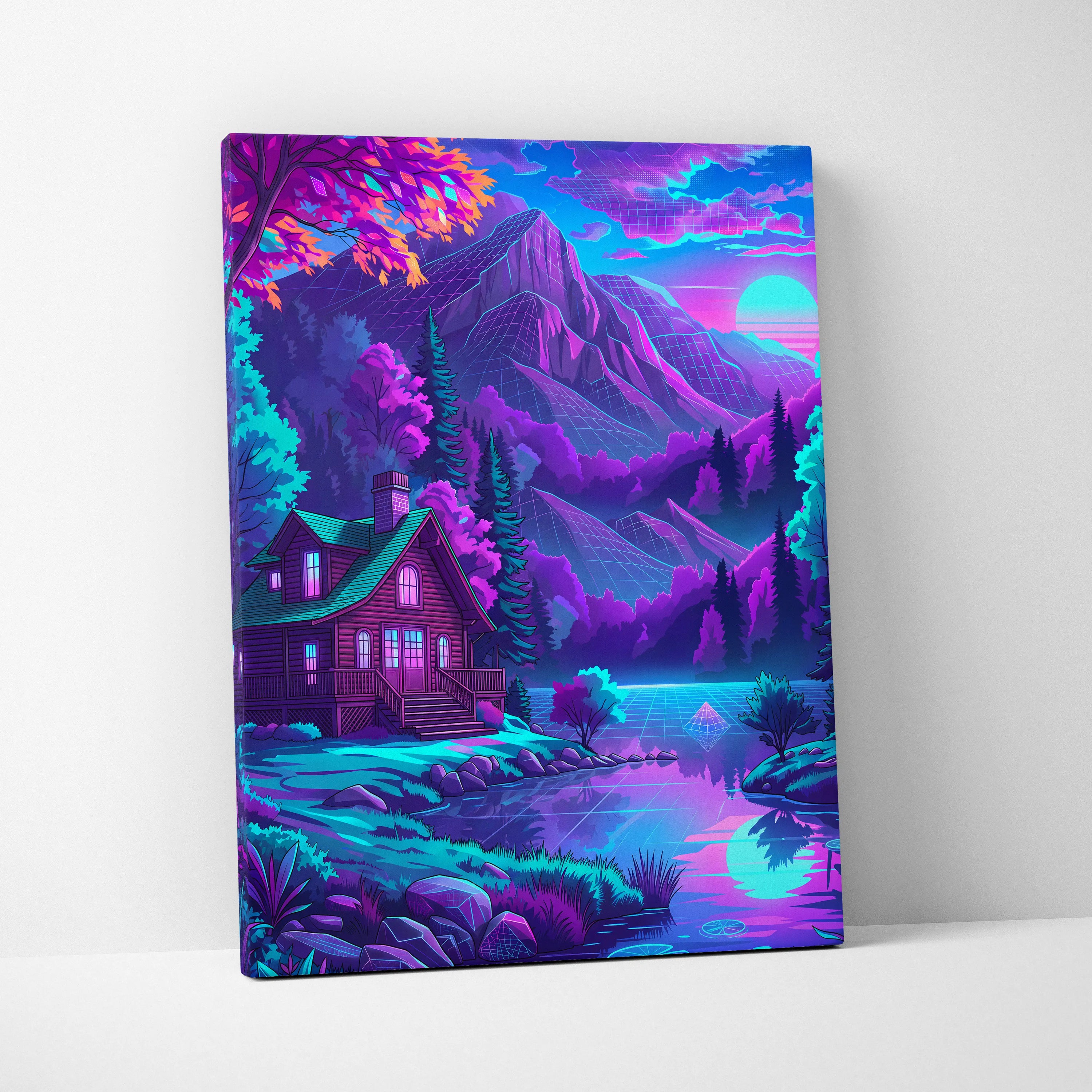 Vaporwave Neon Mountain Vista - Landscape Neon Pink Purple Living Room Vaporwave - Dreamy Neon Mood Canvas