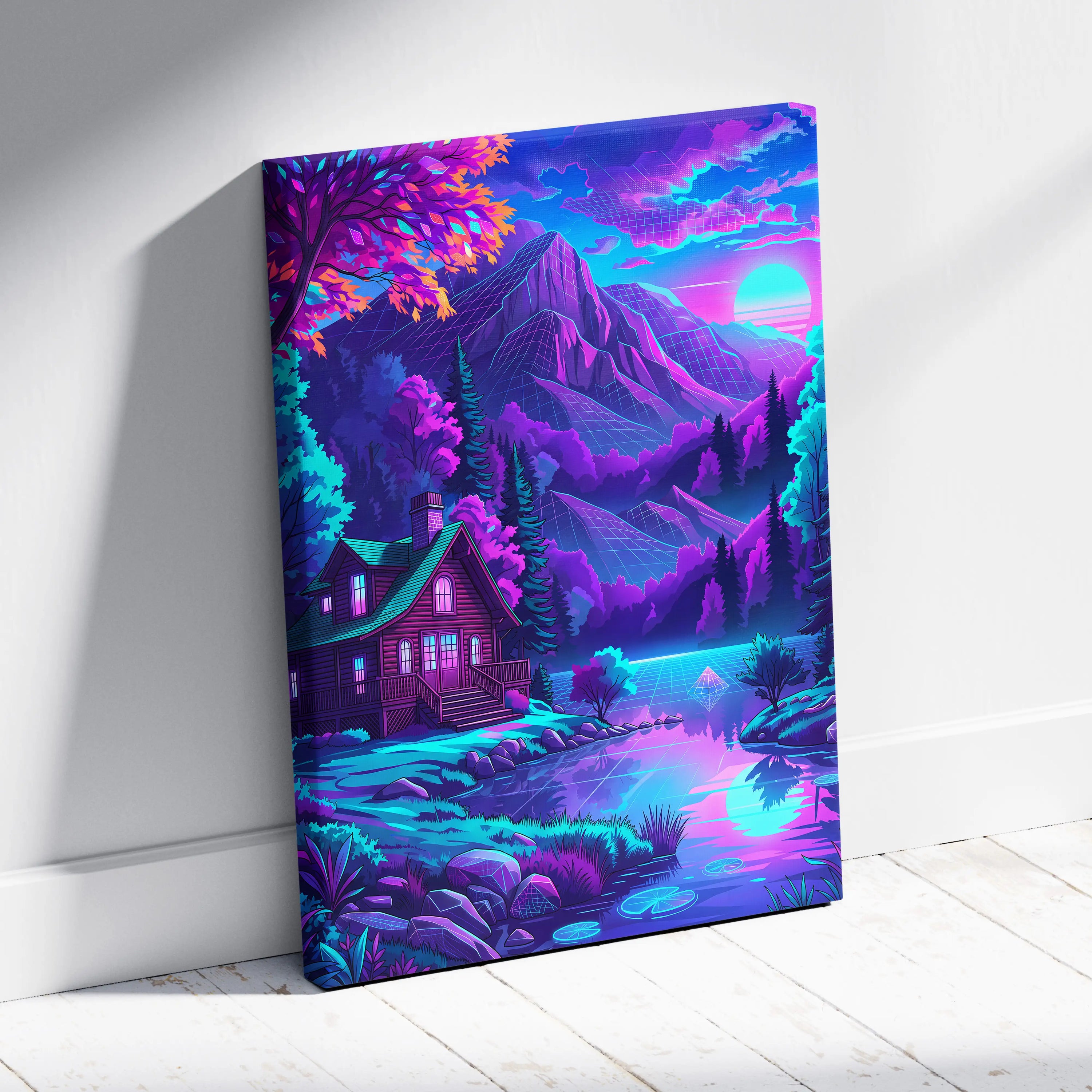 Vaporwave Neon Mountain Vista - Landscape Neon Pink Purple Living Room Vaporwave - Dreamy Neon Mood Canvas